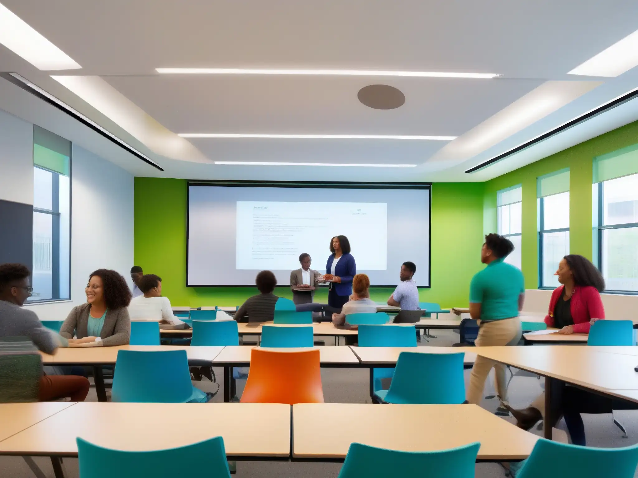 Aula moderna y dinámica: estudiantes colaborando en ambiente luminoso Estudiantes colaborando en aula moderna con integración de Webex en Educación