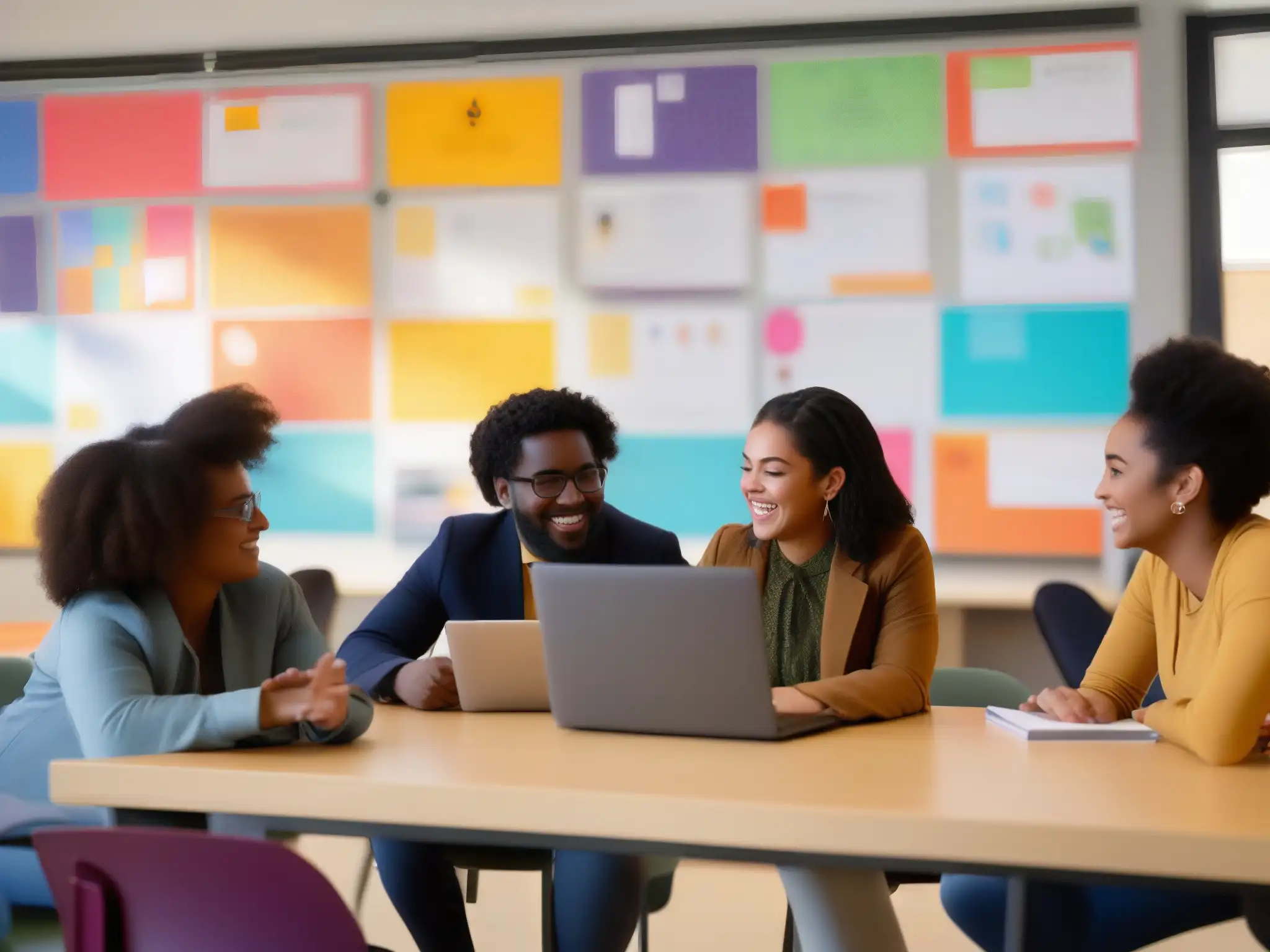 Colaboración estudiantil dinámica con Slack en aula moderna Estudiantes colaborando en aula moderna con integración de Slack, comunicación digital y aprendizaje activo