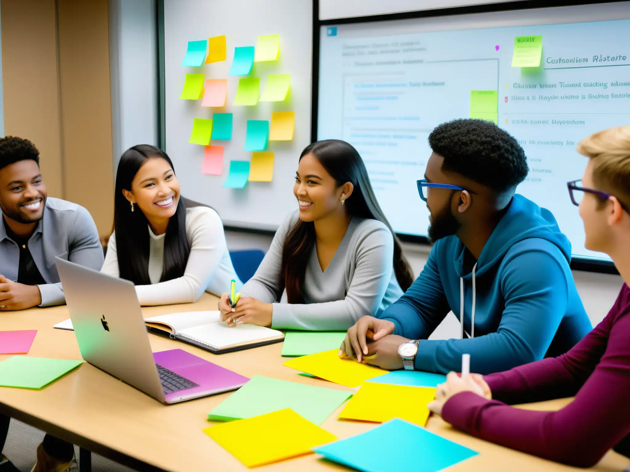 Sesión de Aprendizaje Interactiva con Trello: Estudiantes Colaborativos Estudiantes colaborando en un aula moderna, usando Trello como herramienta educativa para discutir y aprender juntos