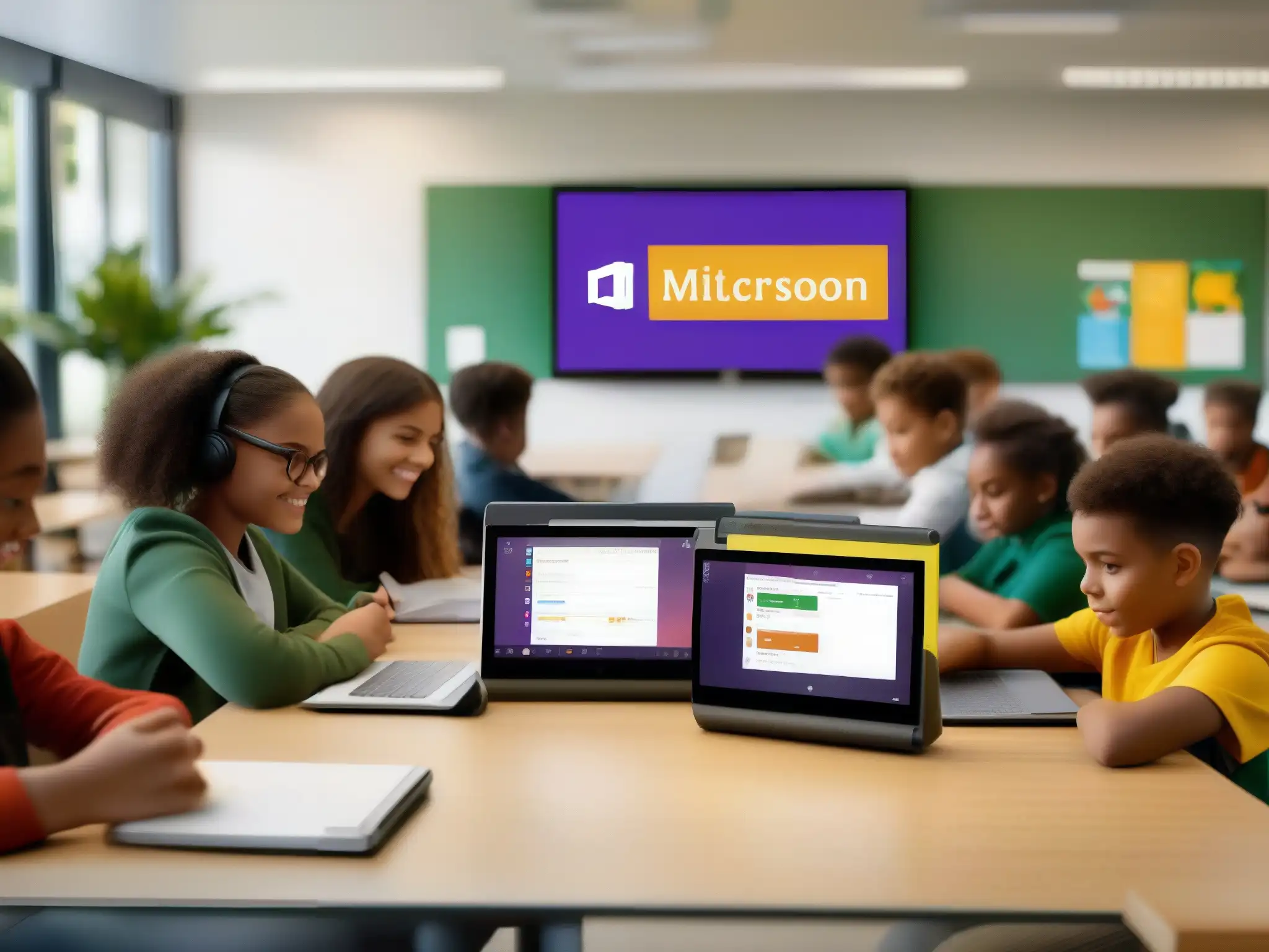Clase digital integrada: Microsoft Teams y Google Classroom en acción Estudiantes colaborando en un aula moderna con Microsoft Teams y Google Classroom