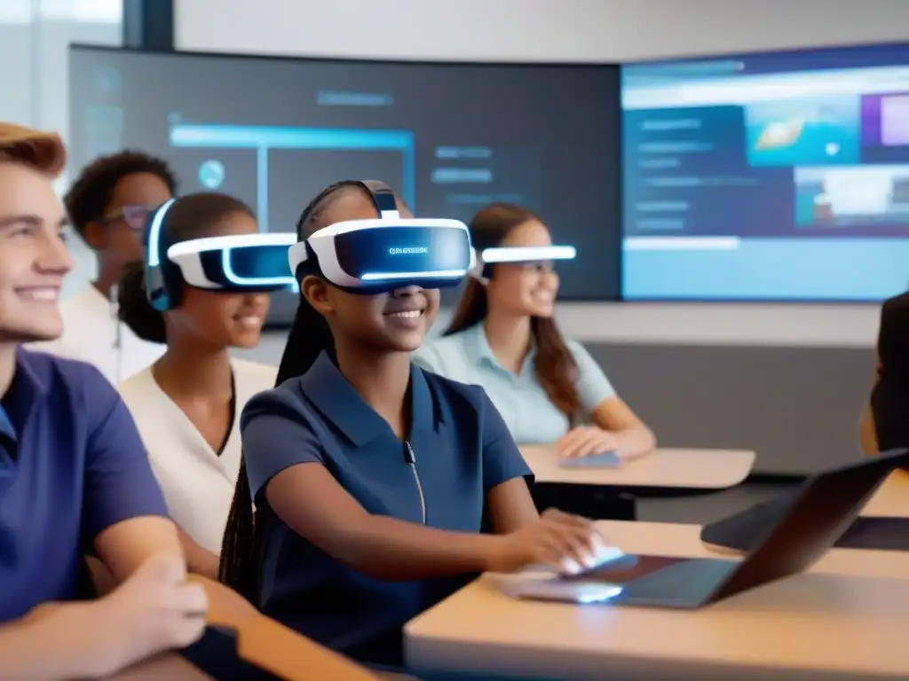 Aula virtual futurista con estudiantes diversos y profesor AI Estudiantes diversos participan en una aula virtual con tecnología AI futurista, transformación aulas virtuales IA