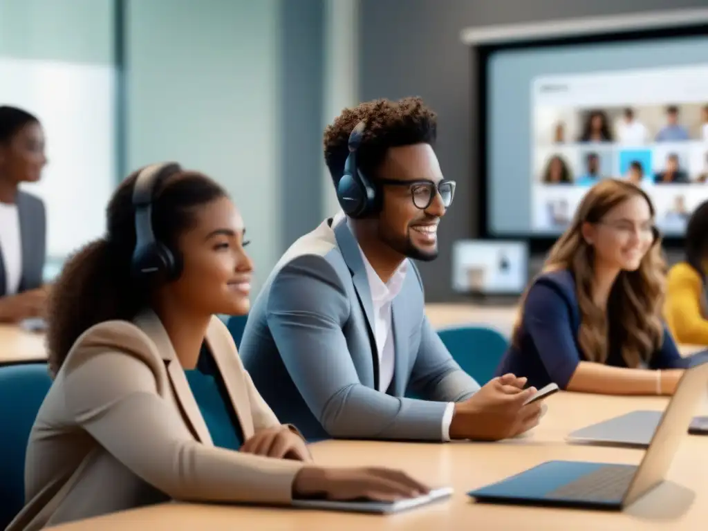 Estudiantes colaborando en aula virtual con Webex Estudiantes diversos colaborando en aula virtual con la aplicación de Webex en educación, en un entorno educativo moderno e inmersivo