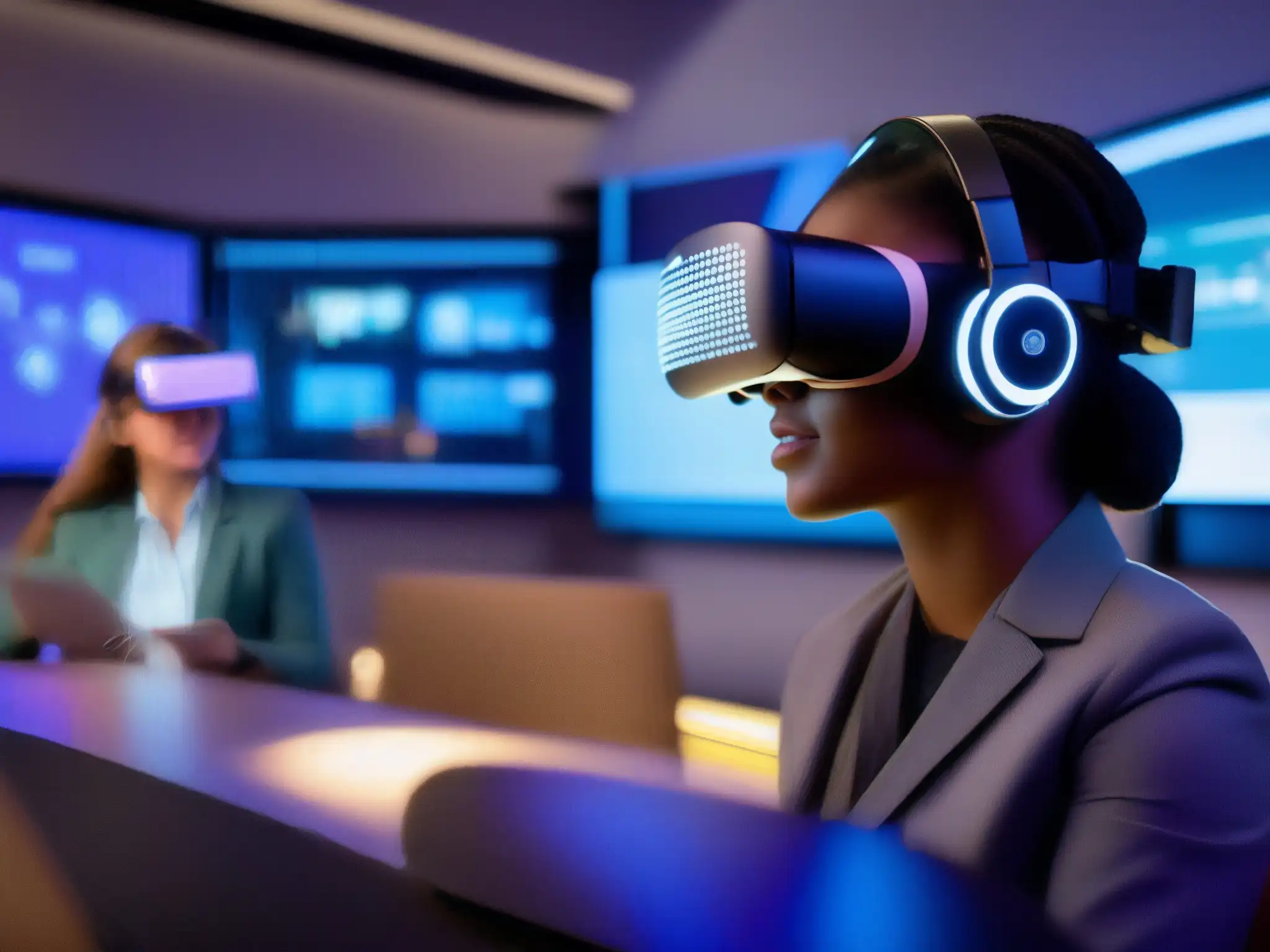 Clase virtual futurista: aprendizaje inmersivo y colaborativo Estudiantes en aula virtual con fondos y filtros videoconferencia, inmersos en innovadora experiencia de aprendizaje colaborativo