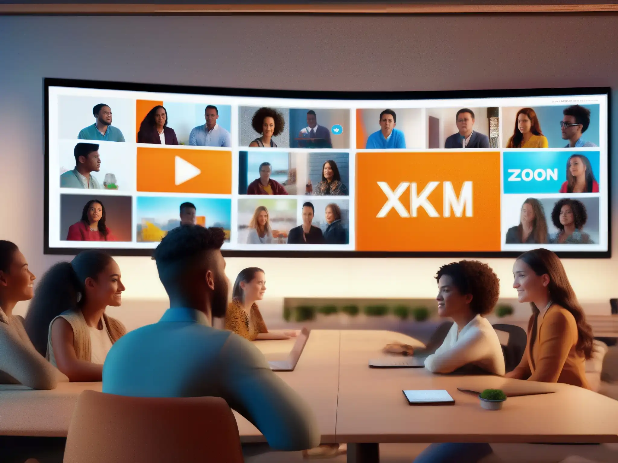 Emociones en el aula virtual: estudiantes en interacción Estudiantes diversos interactúan en una aula virtual, reflejando el impacto de Zoom en la educación remota