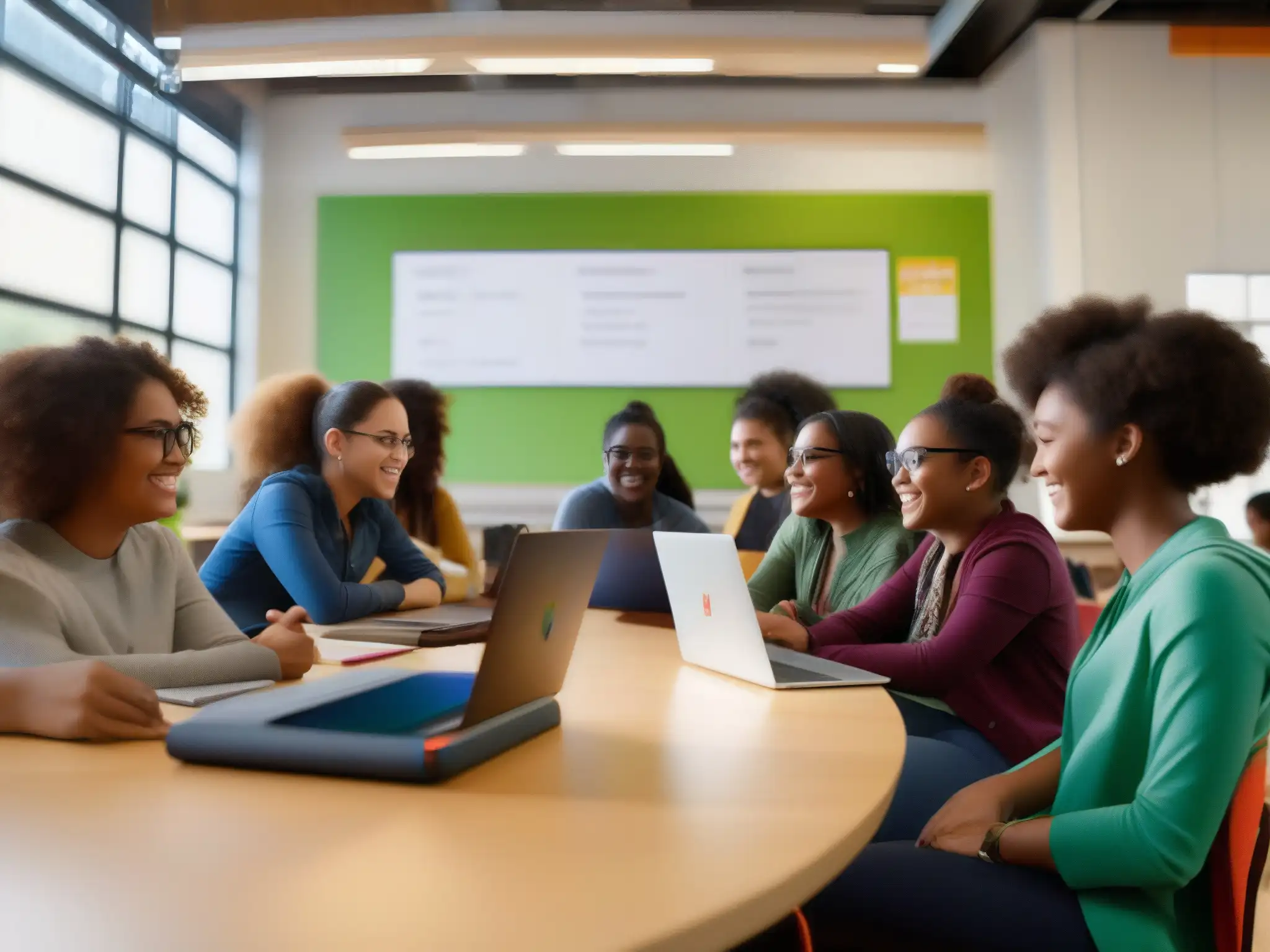 Estudiantes colaboran en aula moderna con Slack Estudiantes colaboran en aula virtual con Integración de Slack, rodeados de tecnología moderna y luz natural