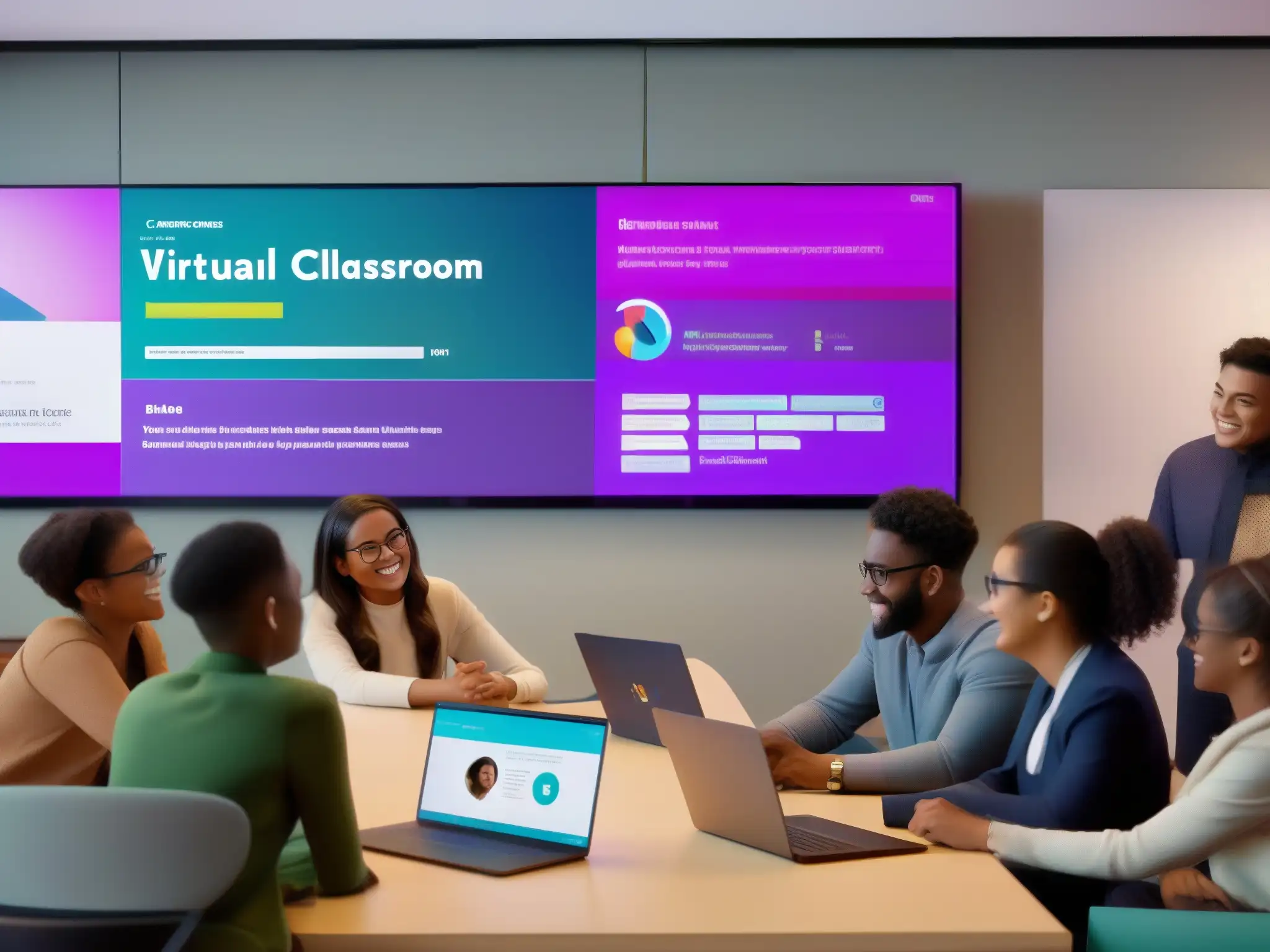 Discusión colaborativa en aula virtual con Slack Estudiantes colaborando en aula virtual con integración de Slack, ambiente innovador y conectado