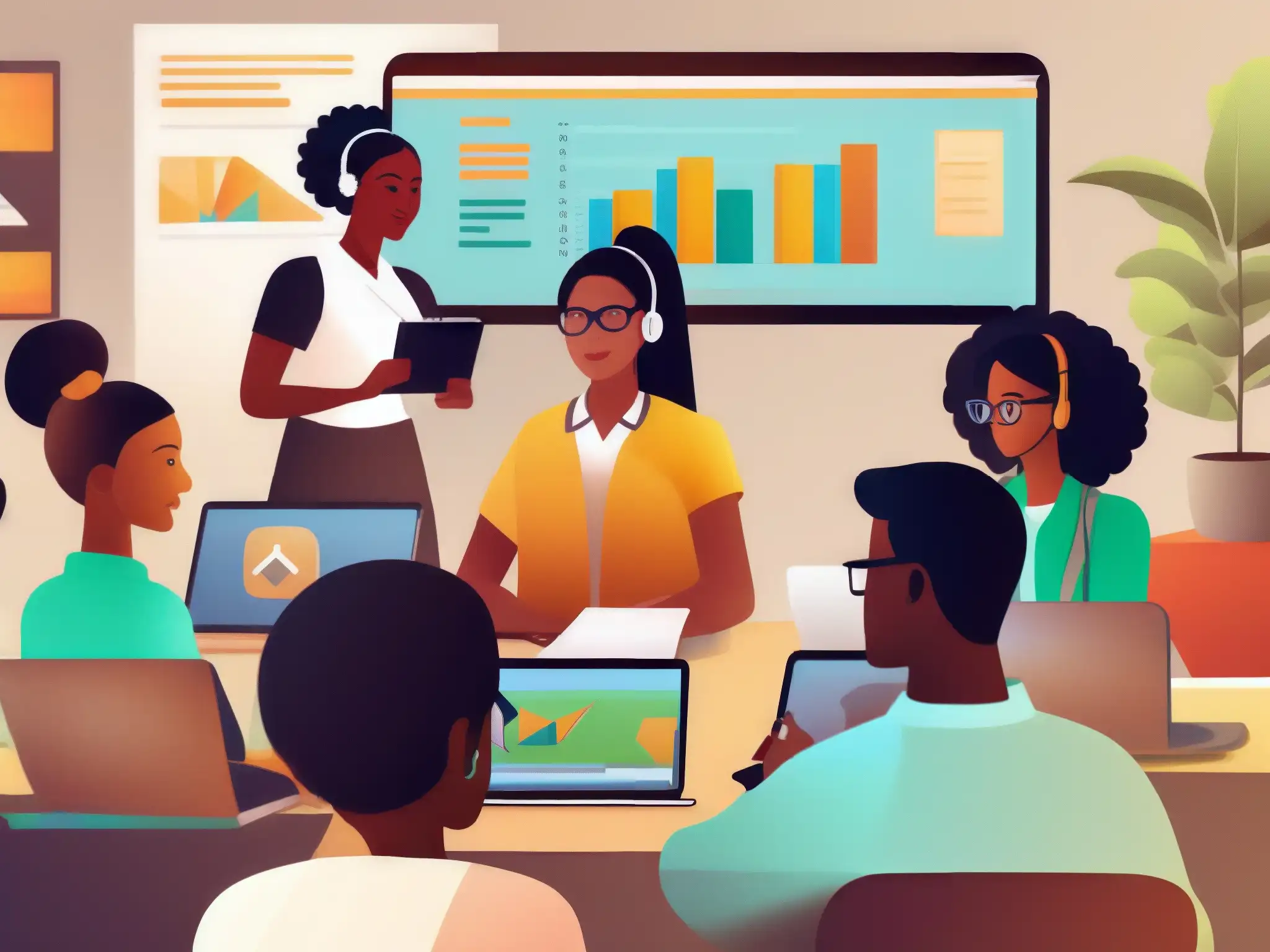 Aprendizaje inclusivo: estudiantes en aula virtual Estudiantes diversos participan en aula virtual, adaptando métodos y herramientas para diferentes estilos de aprendizaje