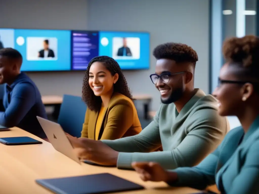 Aula virtual interactiva: estudiantes participativos en un entorno dinámico Estudiantes participan activamente en una aula virtual moderna, mostrando retención de conocimiento en aulas virtuales