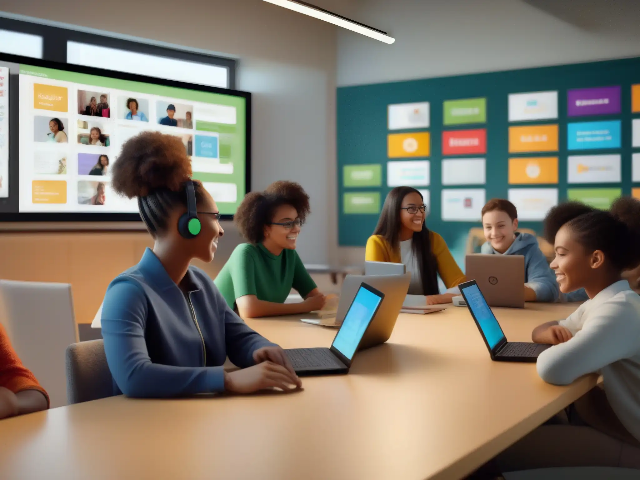 Clase virtual dinámica y colaborativa en Discord Estudiantes participan en una aula virtual en Discord, fomentando la popularidad de comunidades educativas online con colaboración activa y diversidad