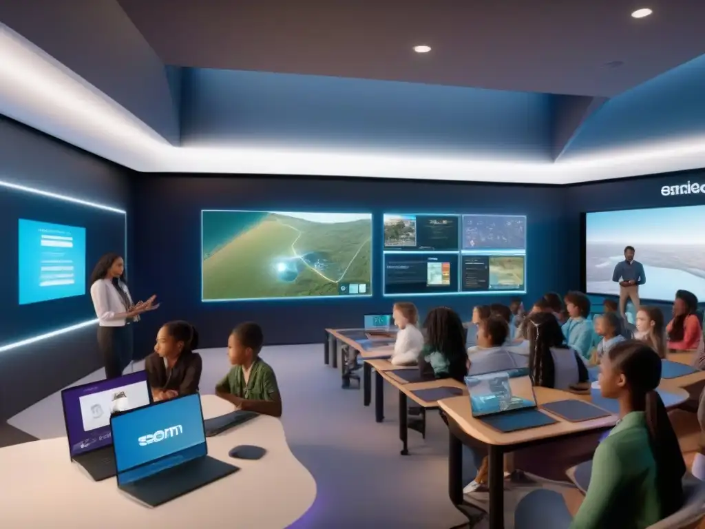 Aula virtual del futuro: aprendizaje interactivo en 8k Estudiantes diversos colaborando en aula virtual con tecnología impactante de Zoom para educación