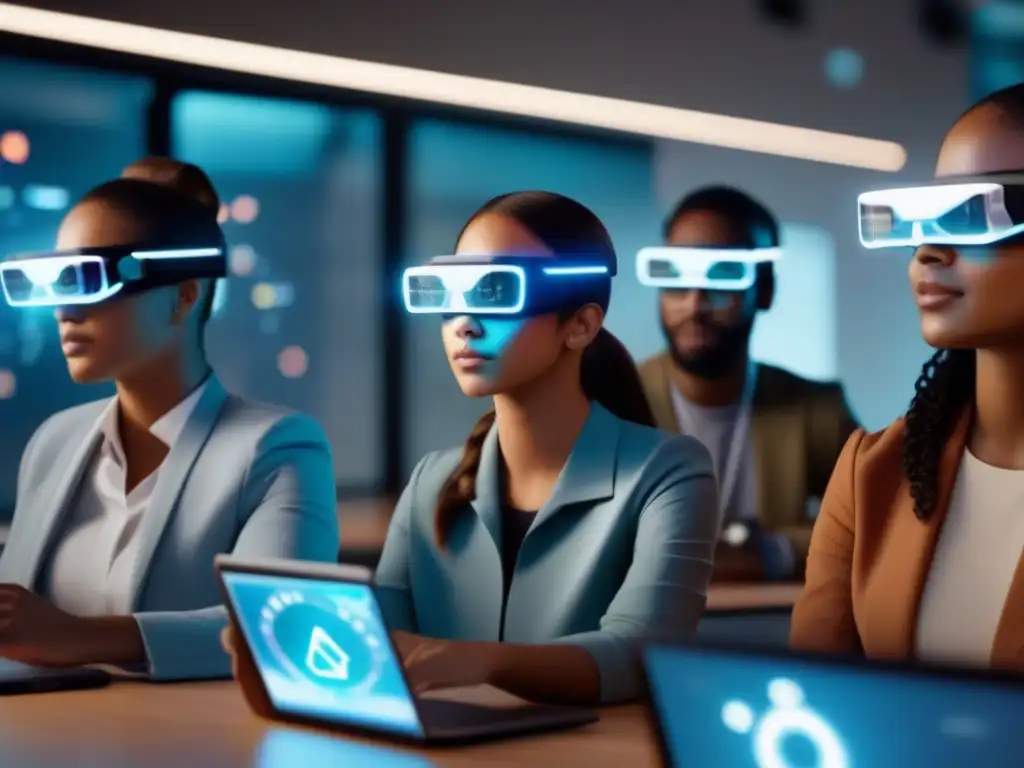 Aula virtual interactiva con AR y hologramas 5G Estudiantes colaborando en aulas virtuales con tecnología 5G y gafas de AR