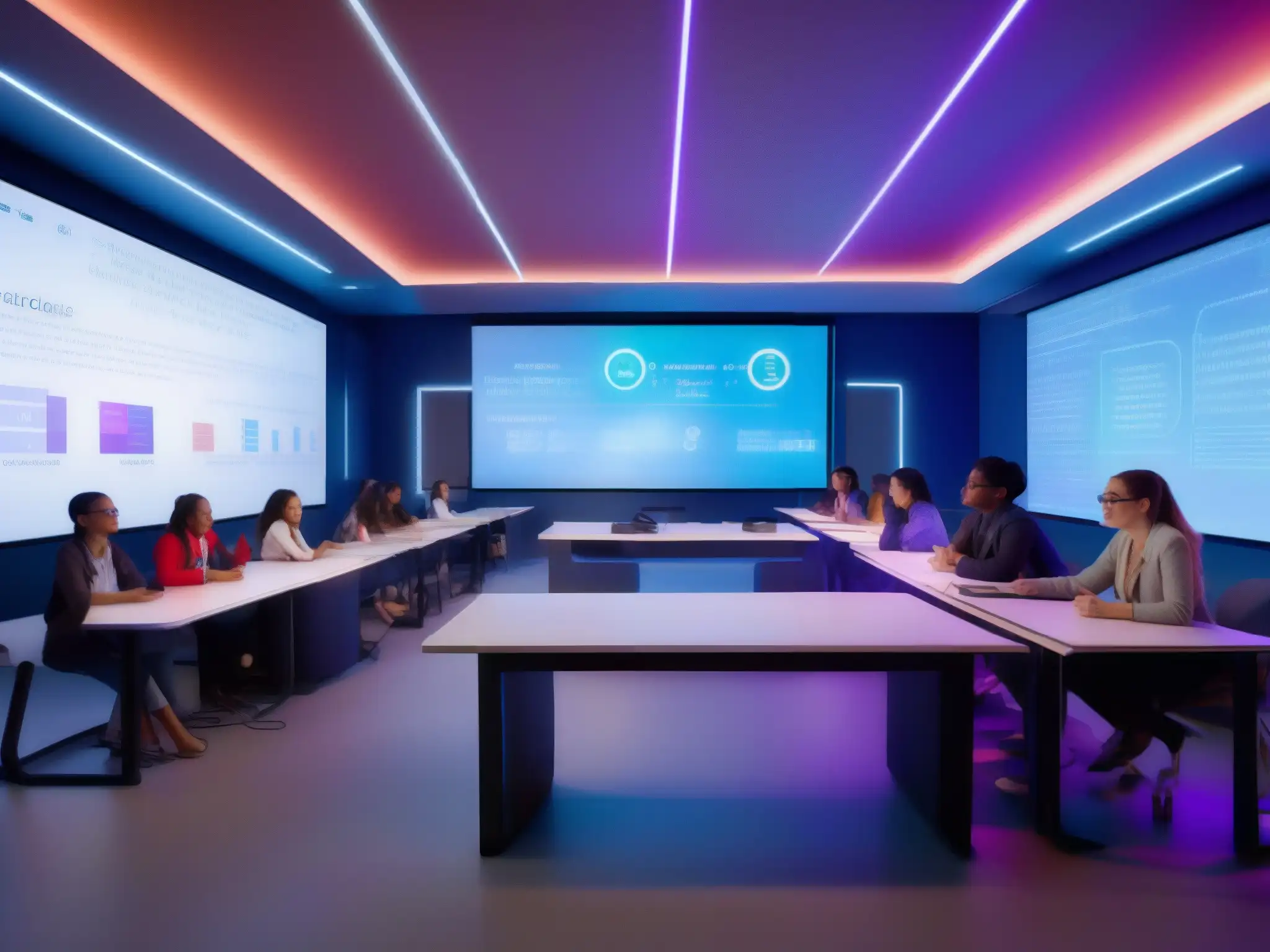 Aula virtual 8k con estudiantes VR y tecnología BigBlueButton Estudiantes colaboran en aulas virtuales matemáticas con BigBlueButton en un ambiente futurista y envolvente con proyecciones dinámicas