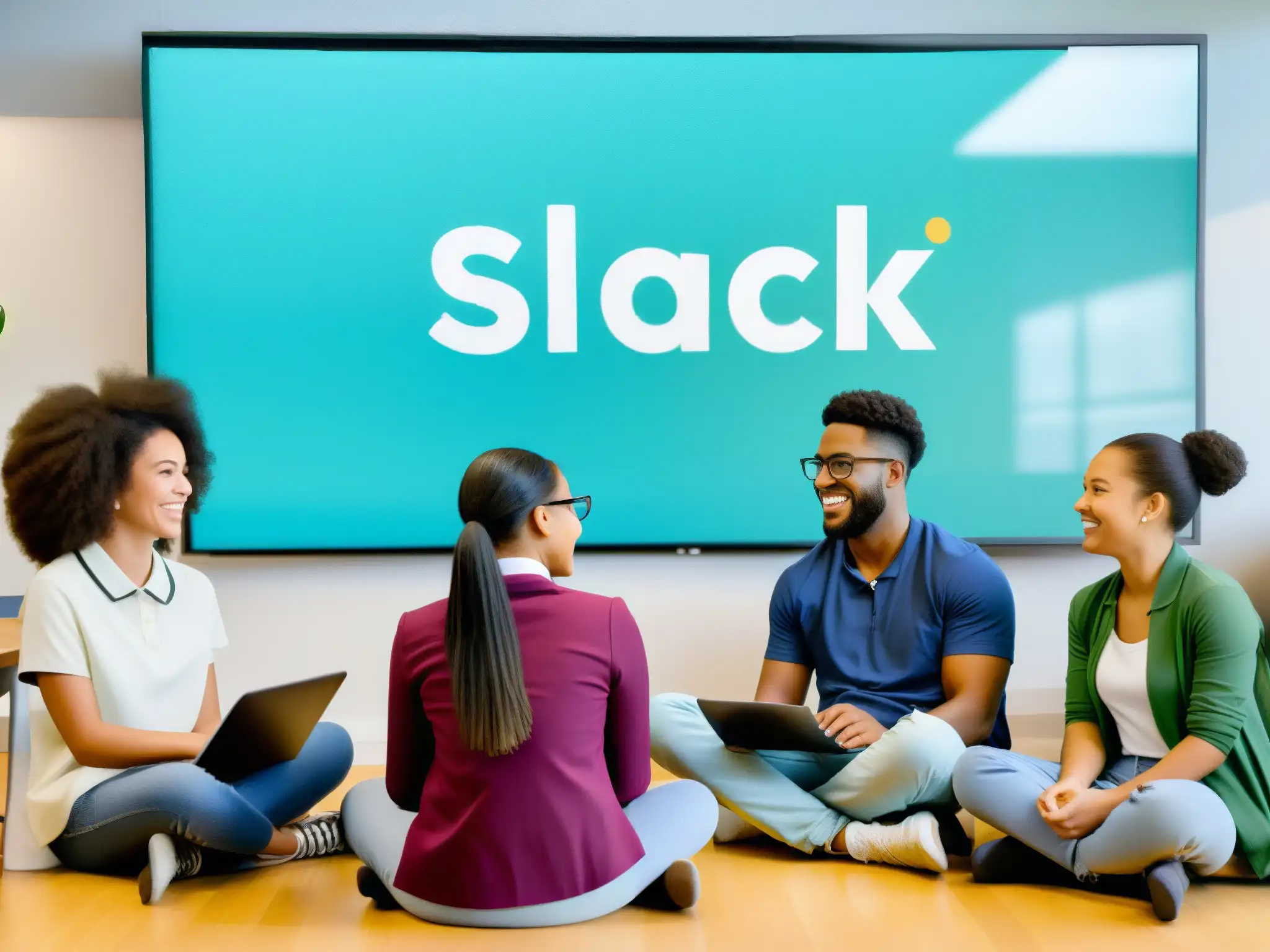 Estudiantes colaborando con Slack: innovación en el aula Estudiantes colaborando en círculo con laptops y tablets, integración de Slack en el aula virtual