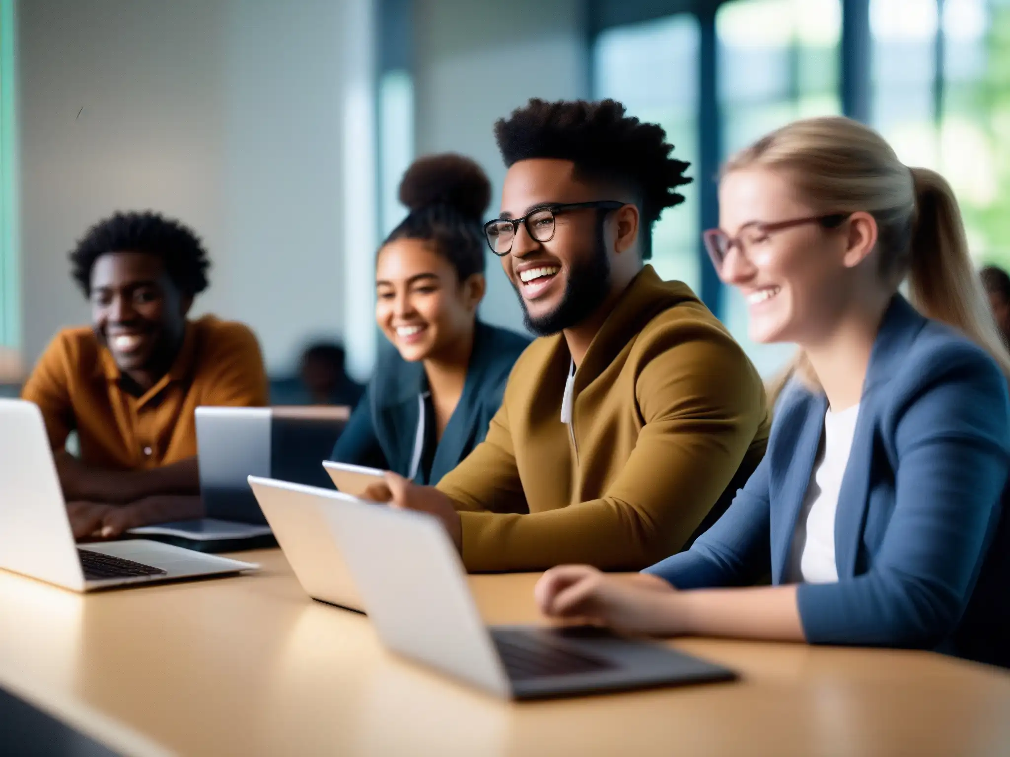 Conversación creativa: estudiantes colaborando con entusiasmo Estudiantes colaborando en círculo con dispositivos, muebles modernos y atmósfera innovadora
