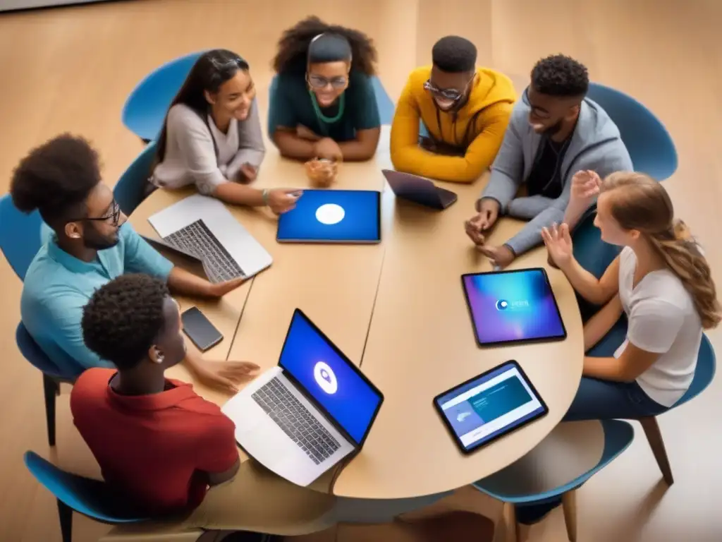 Estudiantes entusiastas colaboran con Discord en ambiente moderno Estudiantes colaborando en círculo con tecnología moderna y la interfaz de Discord