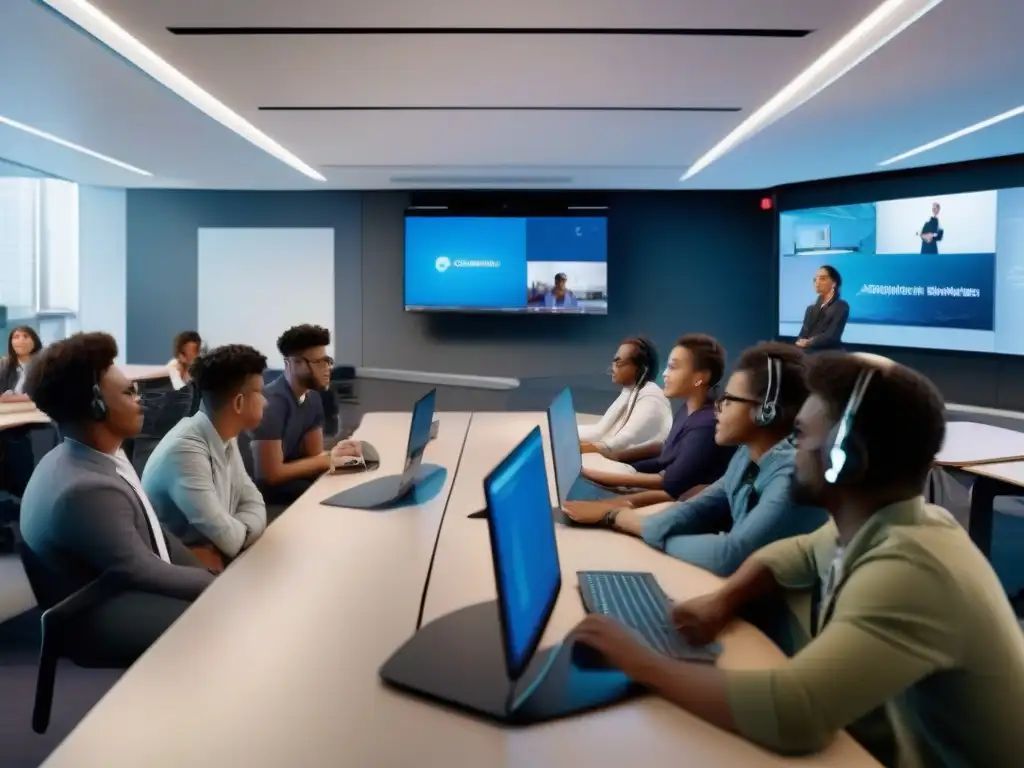 Clase futurista con tecnología 5G y videoconferencias avanzadas Estudiantes participando en una clase futurista con tecnología 5G