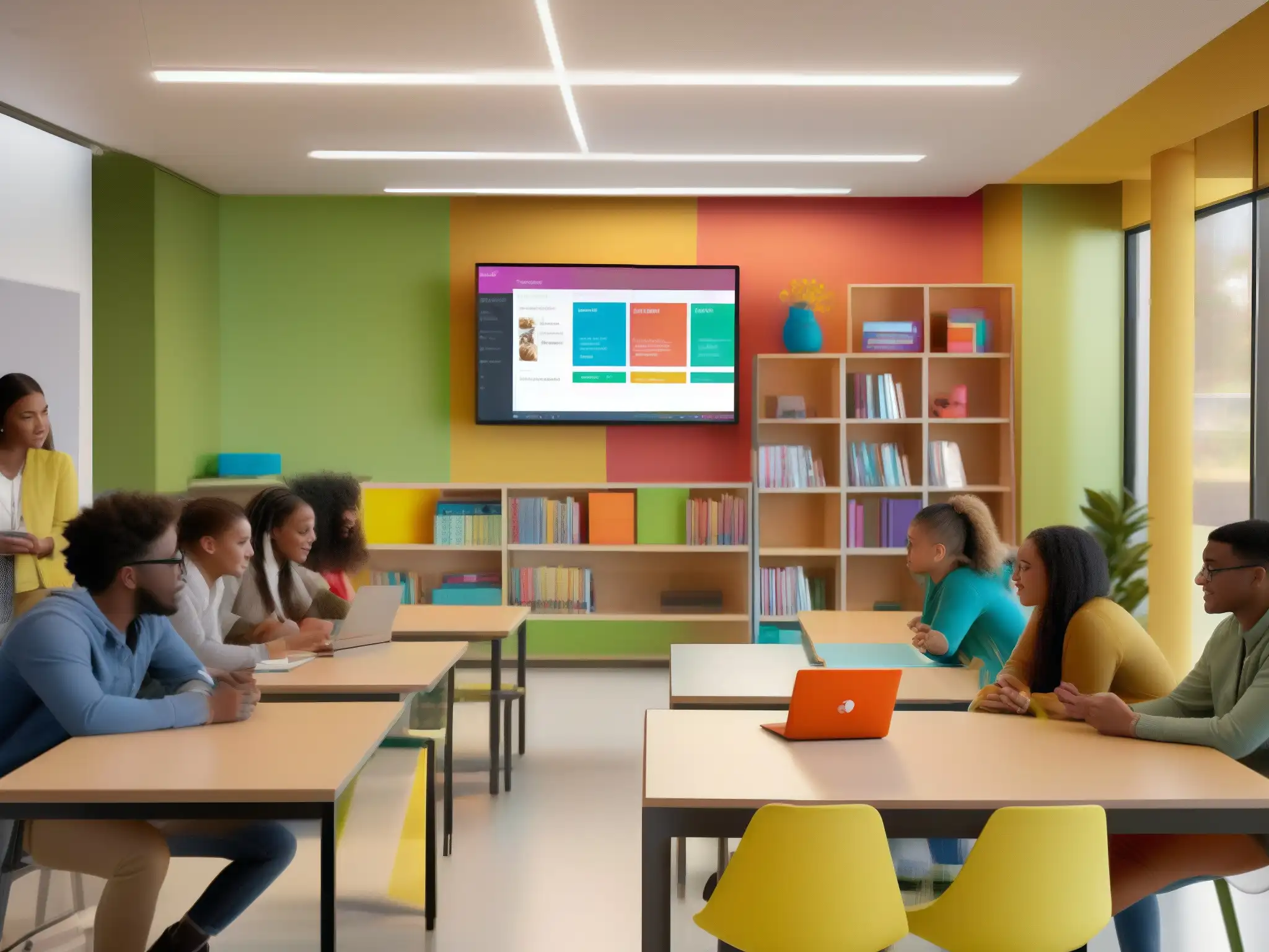 Clase moderna: Estudiantes colaborando con Airtable en un entorno innovador Estudiantes colaborando en clase con herramientas de videoconferencia para educación en un ambiente innovador y acogedor