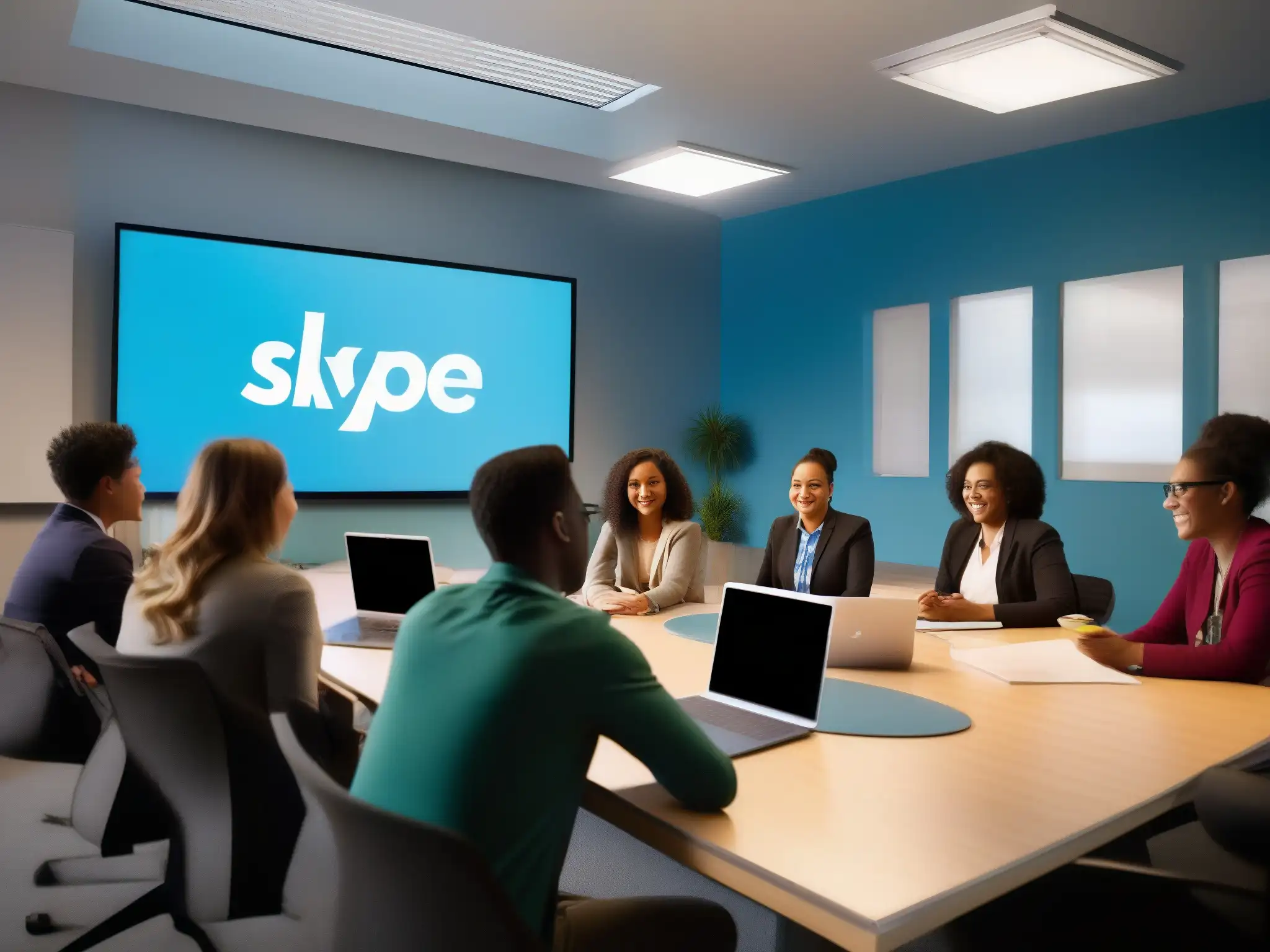Clase interactiva en Skype: educación moderna Estudiantes participan activamente en clase en línea a través de Skype, demostrando su efectividad como herramienta educativa en línea