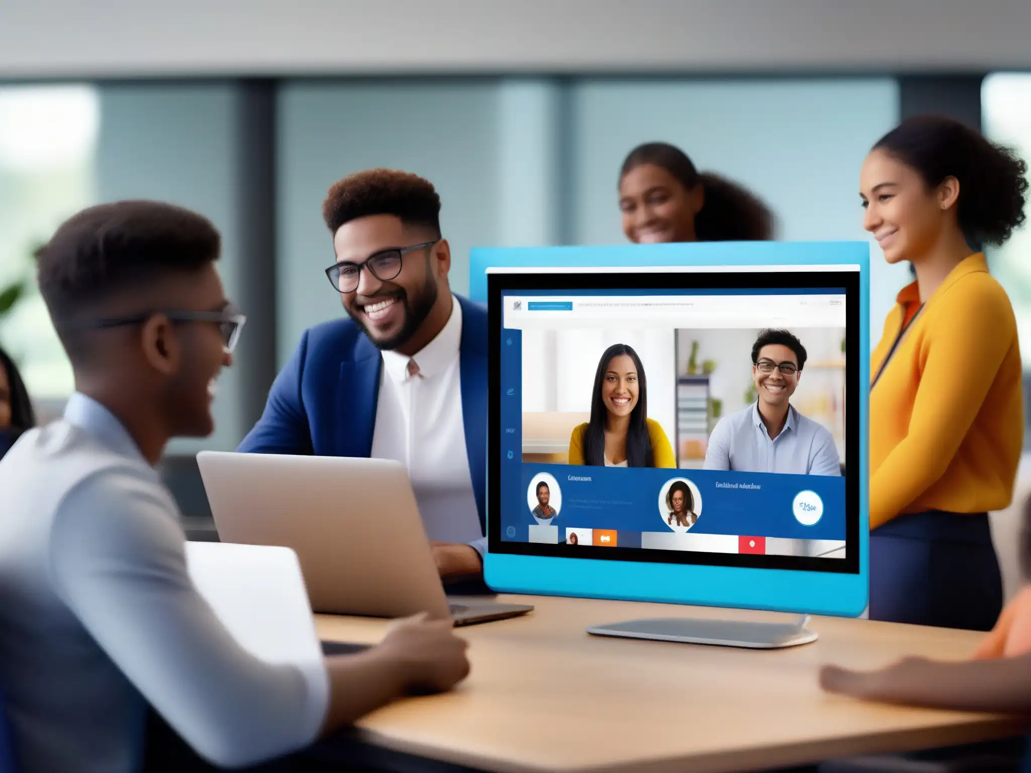 Clase virtual interactiva en BigBlueButton: Estudiantes colaborando Estudiantes participando activamente en una clase en línea, mostrando las ventajas y limitaciones de BigBlueButton en la educación a distancia