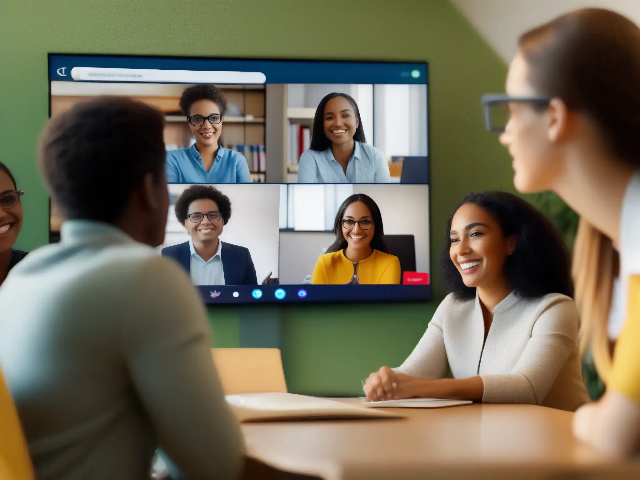 Clase virtual dinámica: estudiantes participativos y profesor interactivo Estudiantes participando en una clase virtual dinámica y colaborativa con su profesor