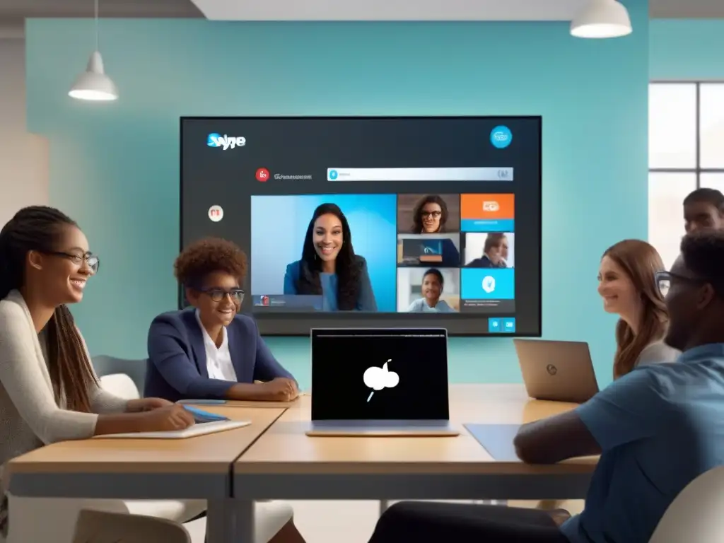 Clase virtual dinámica con alumnos diversos y Skype Estudiantes diversos participan en una clase virtual dinámica a través de Skype, herramienta efectiva para la educación en línea