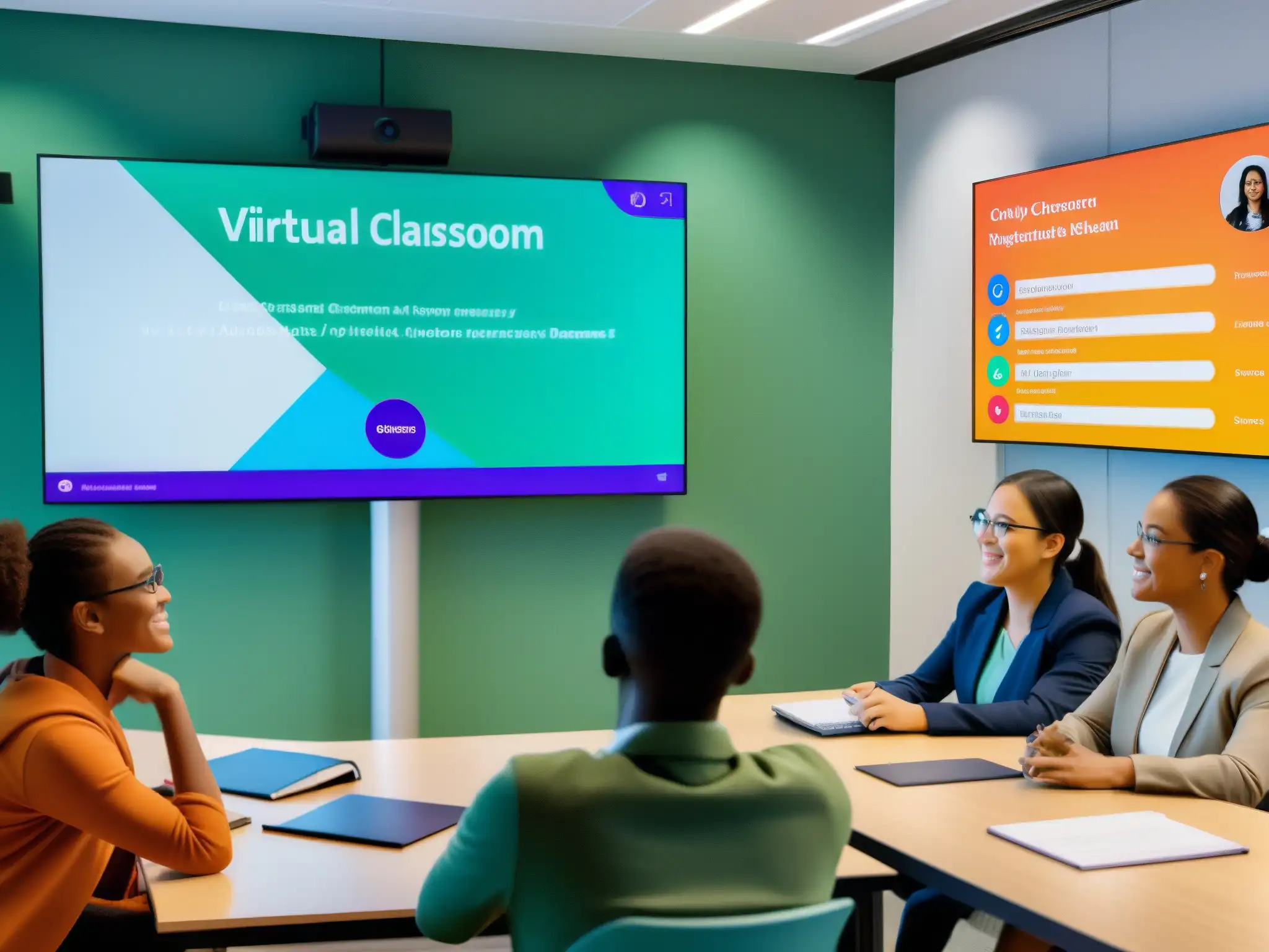 Clase virtual dinámica: estudiantes participativos y profesor comprometido Estudiantes participando activamente en una clase virtual, con gráficos coloridos y el instructor interactuando