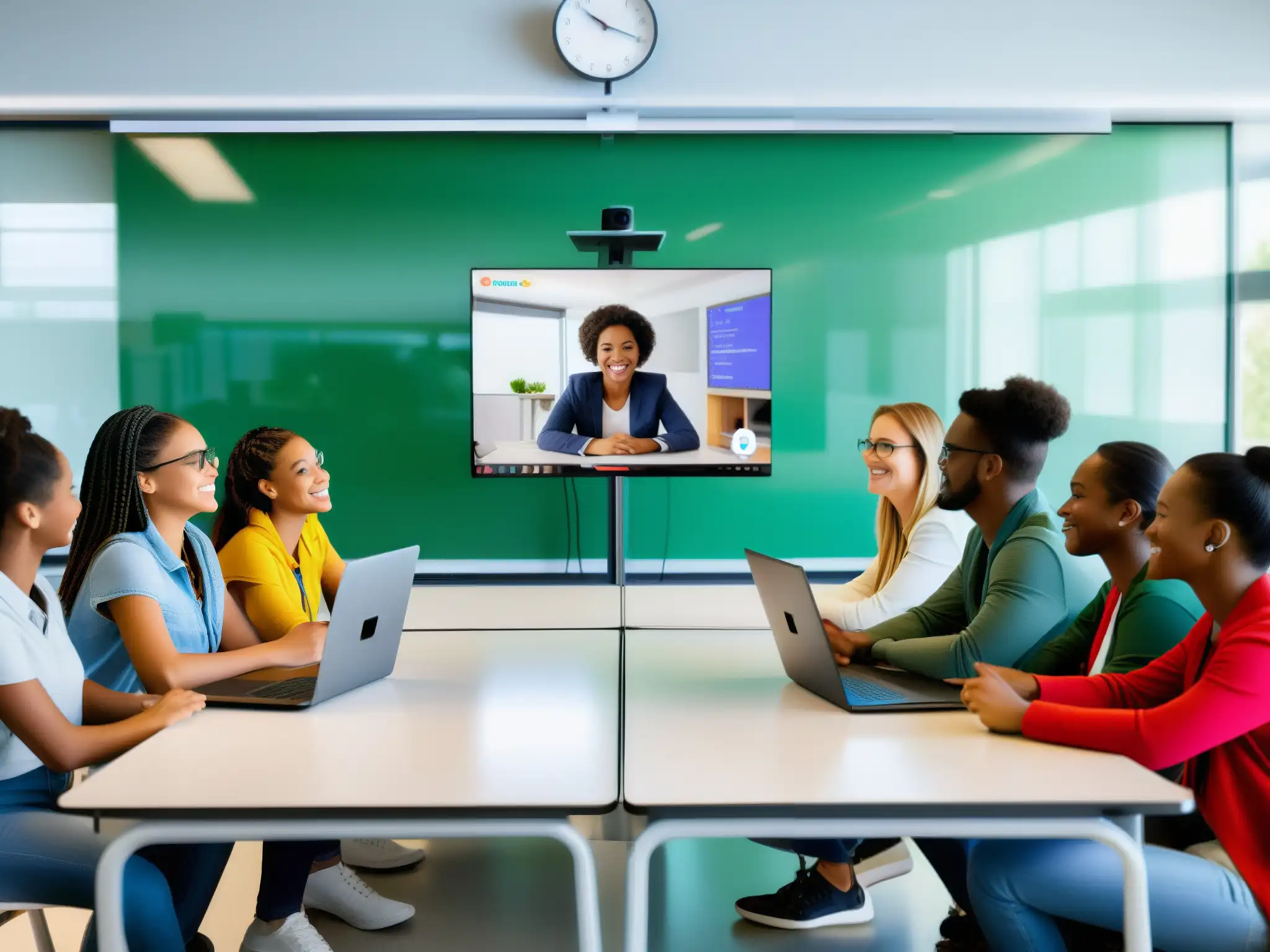 Aula virtual dinámica con estudiantes participativos Estudiantes colaborando en una clase virtual con herramientas de videoconferencia para educación