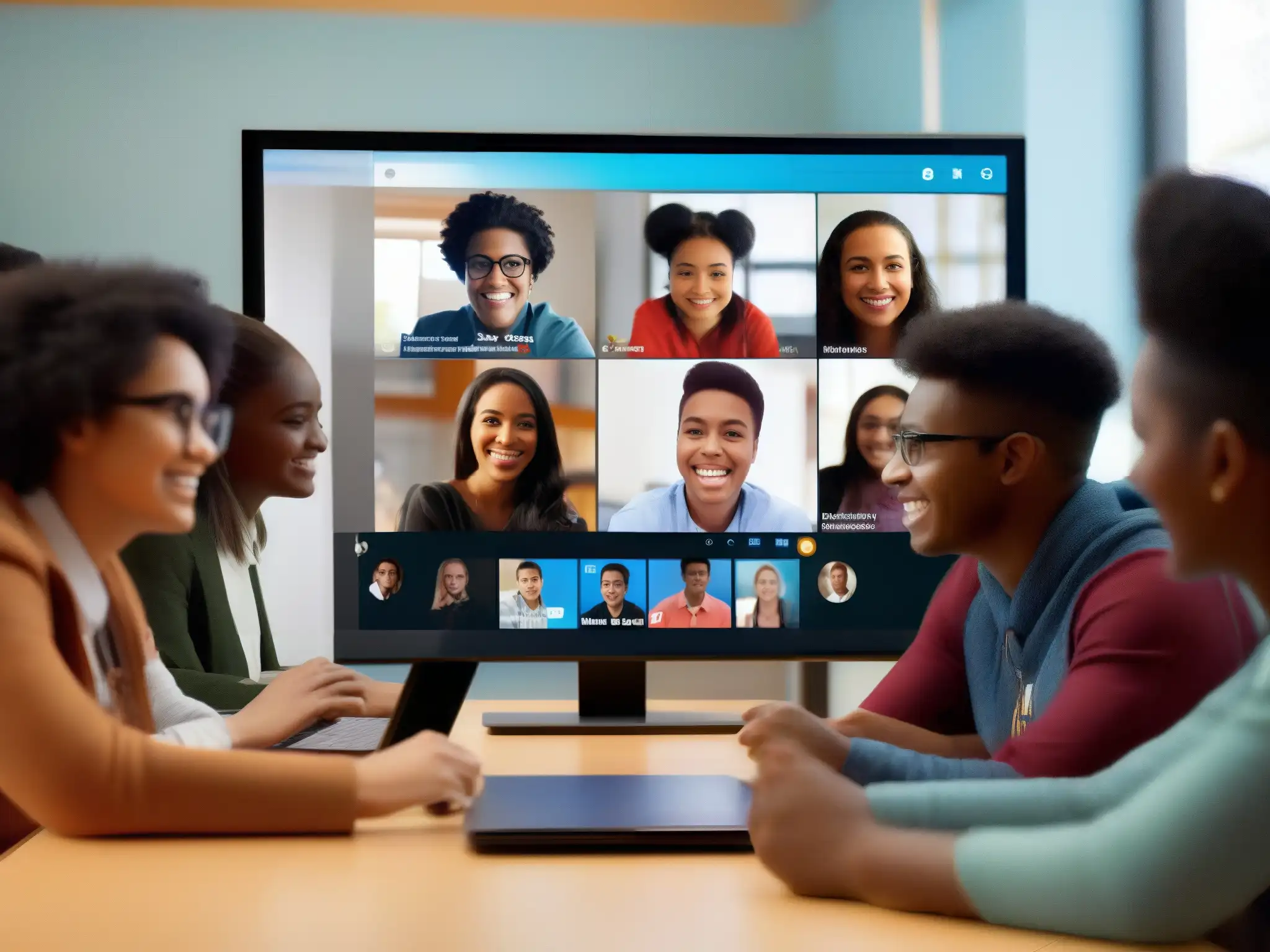 Clase interactiva en Skype: aprendizaje virtual dinámico Estudiantes participando en una clase virtual interactiva a través de Skype, herramienta efectiva para la educación en línea
