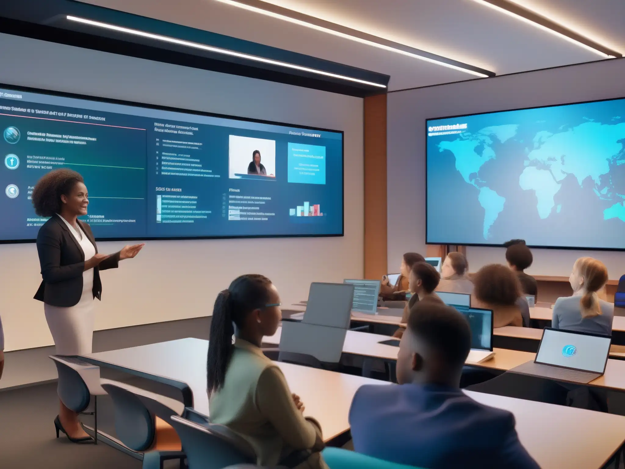 Aula virtual interactiva: diversidad y tecnología educativa Estudiantes participan en clase virtual interactiva con avanzada tecnología