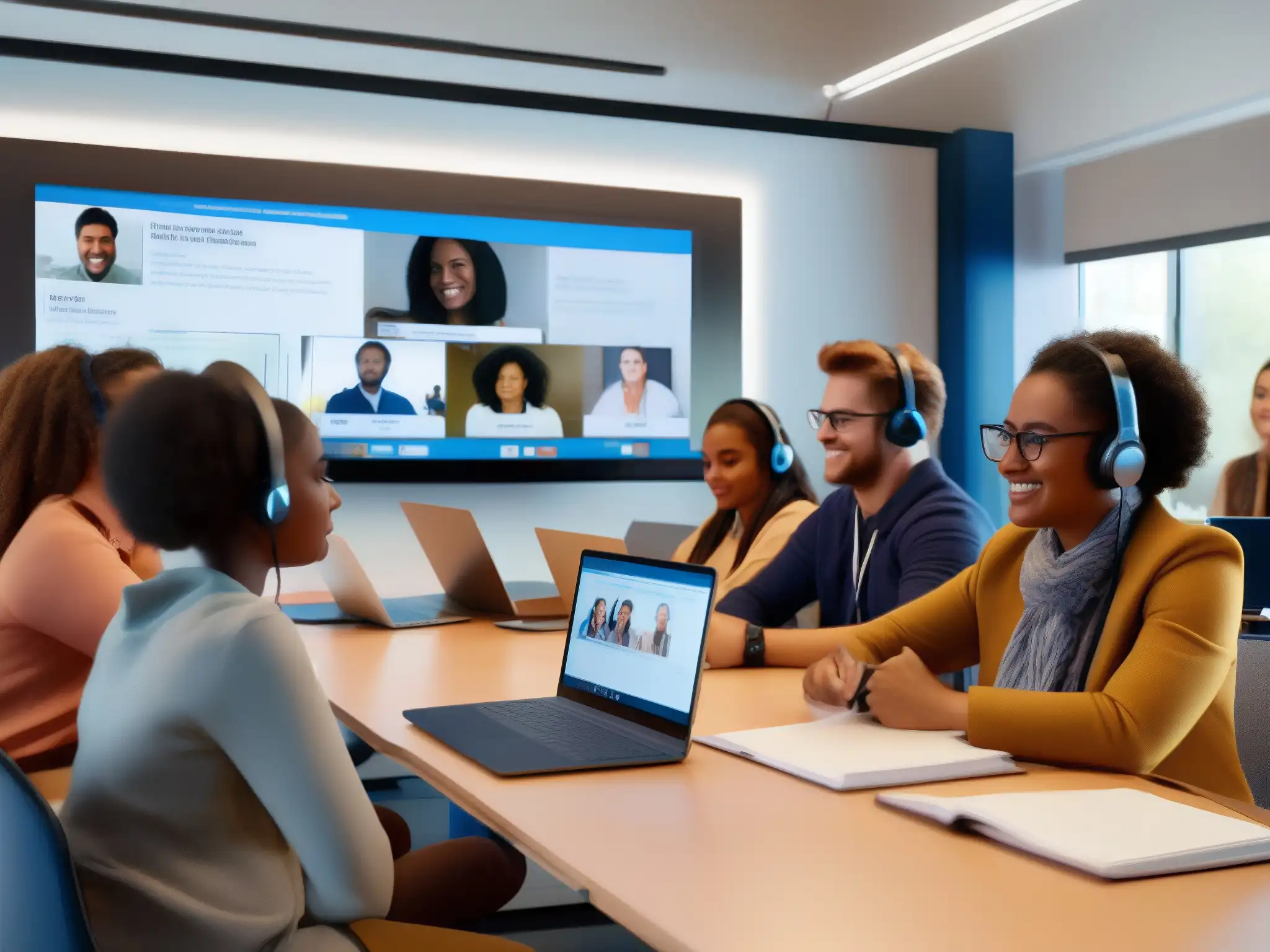 Aula virtual dinámica con diversidad estudiantil Estudiantes participan activamente en una clase virtual, con el maestro en pantalla grande