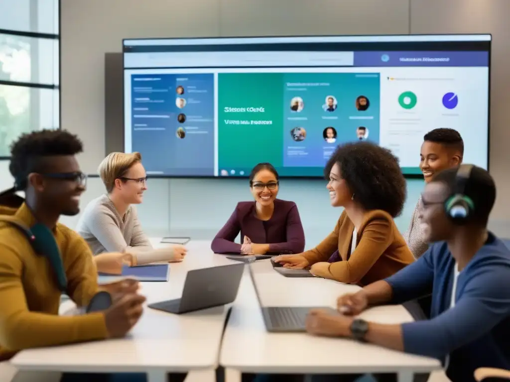 Clase virtual dinámica: estudiantes colaborando en tiempo real Estudiantes colaboran en clase virtual, usando las mejores herramientas colaborativas para aprender juntos en tiempo real