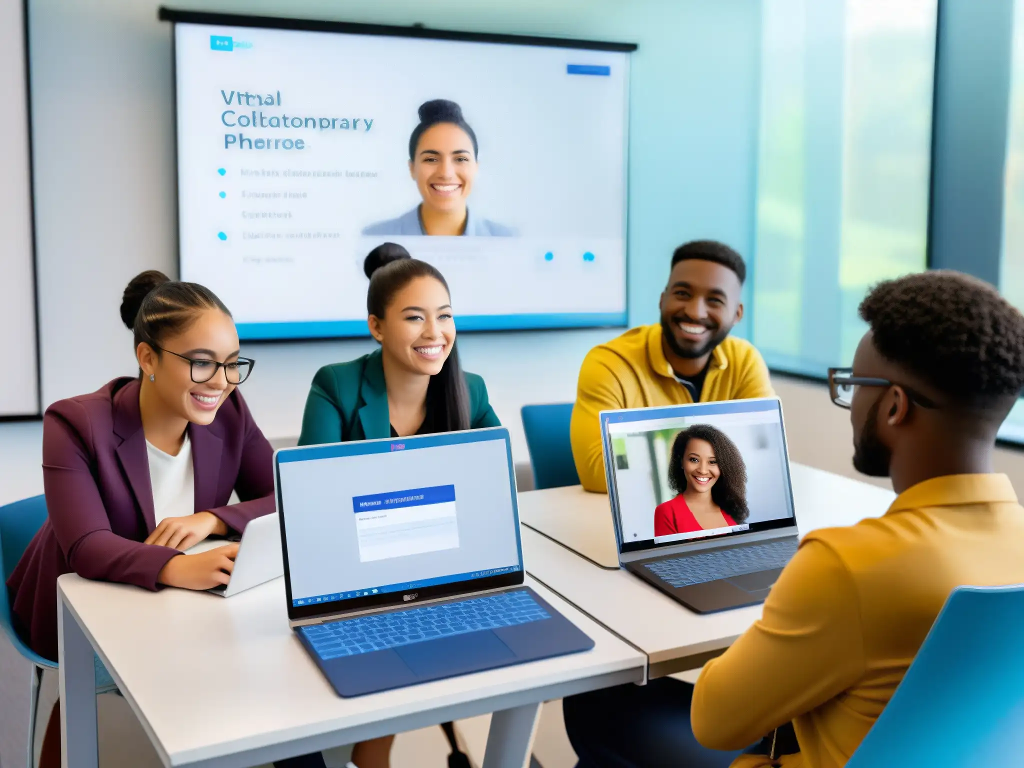 Aula virtual interactiva: estudiantes diversos participando activamente Estudiantes diversos participan activamente en una clase virtual con una API personalizada de videoconferencia para educación a distancia