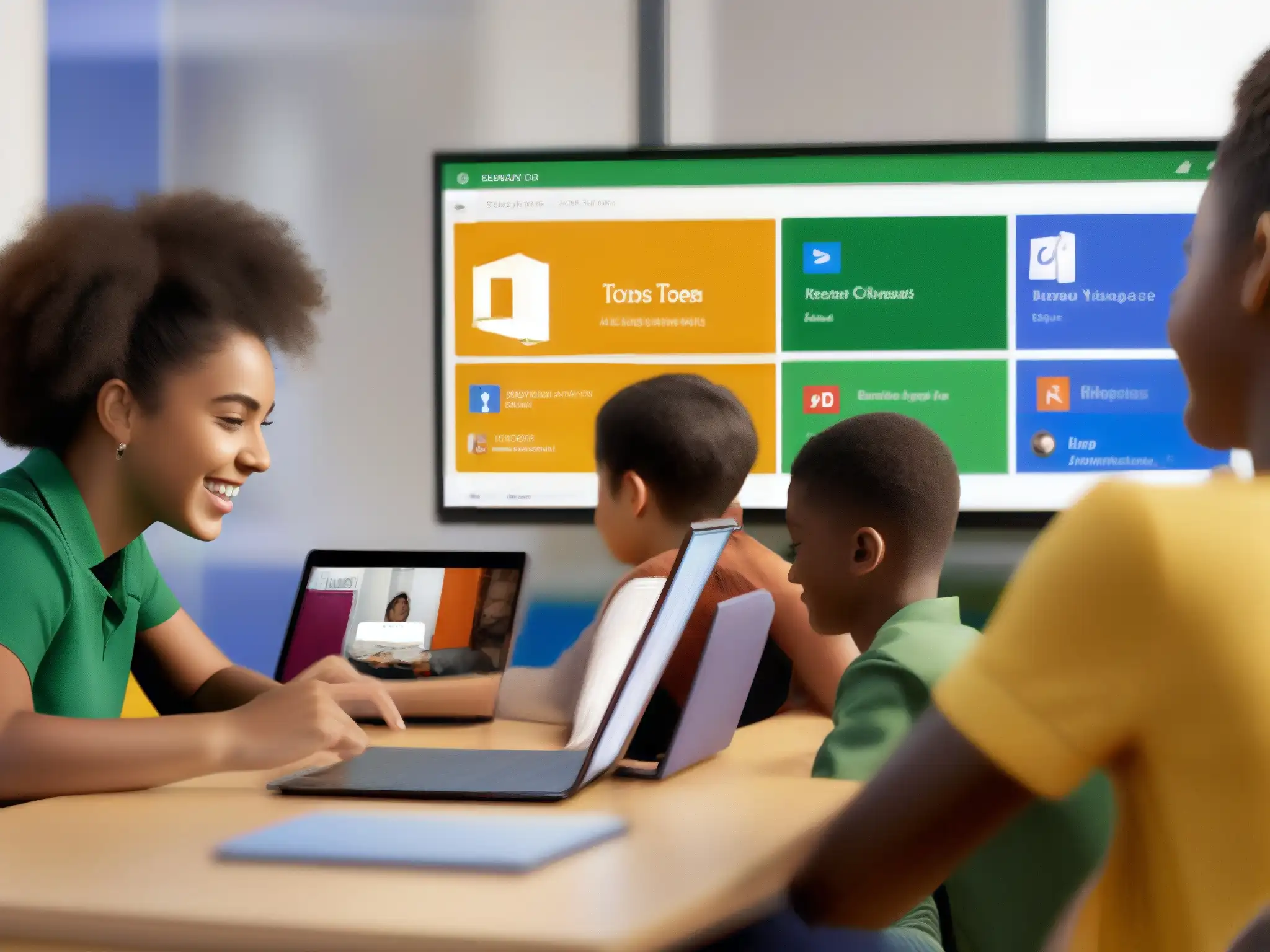 Aula digital: Integración de Microsoft Teams y Google Classroom Estudiantes colaborando en clase virtual usando Microsoft Teams y Google Classroom