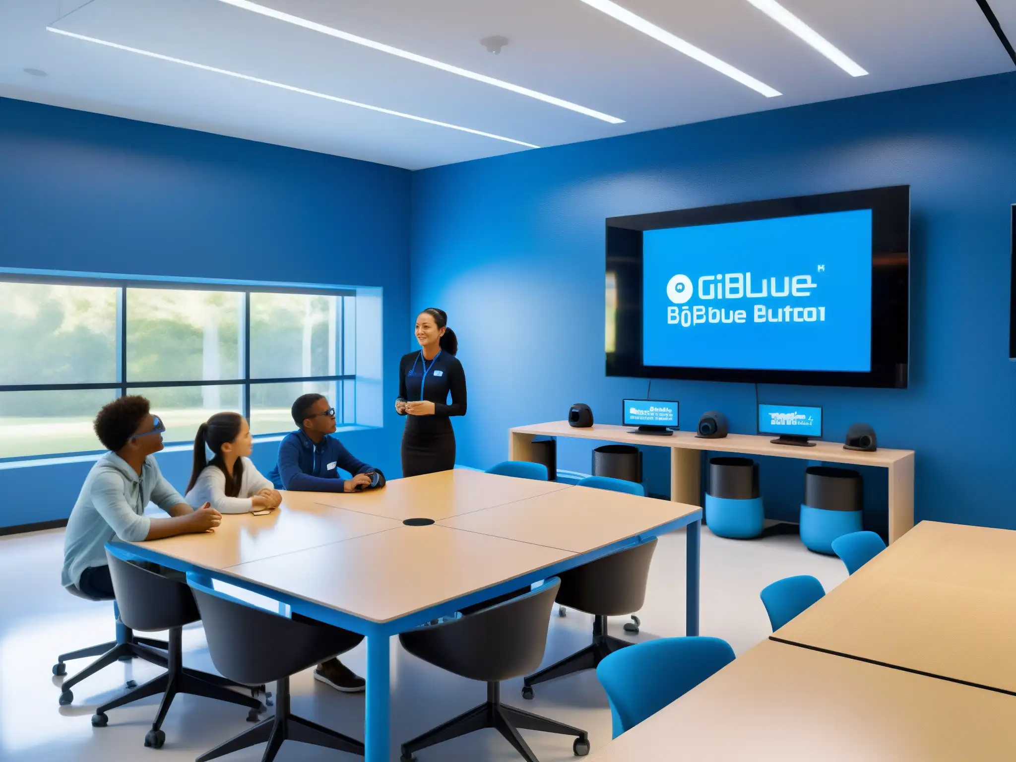 Aula del futuro: Realidad virtual, BigBlueButton y aprendizaje colaborativo en un entorno innovador y moderno Estudiantes participan en colaboración usando BigBlueButton en aula futurista de integración de BigBlueButton en educación online
