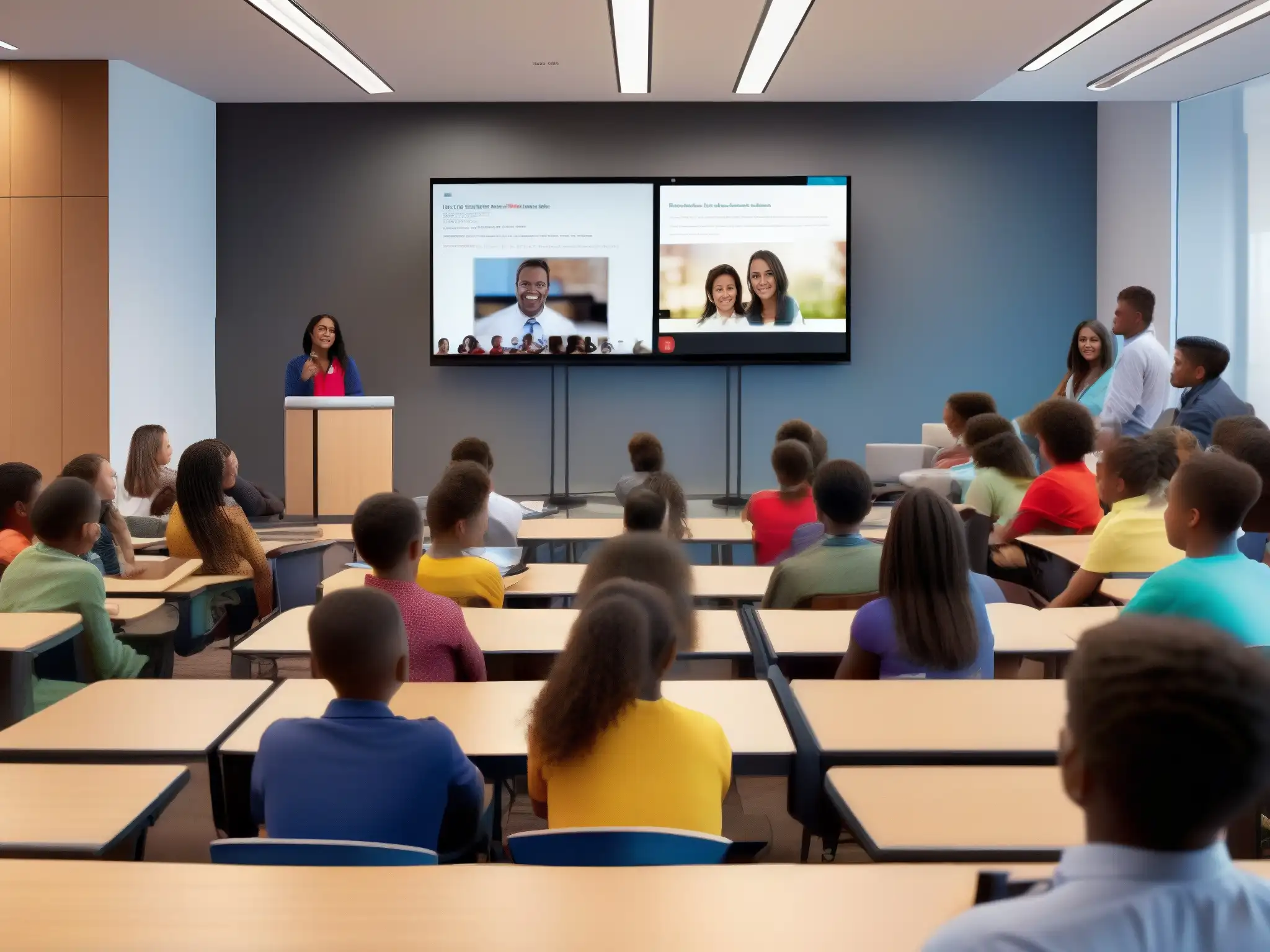 Clase virtual interactiva: innovación educativa y participación activa Estudiantes comprometidos participando en una clase virtual interactiva, mejorando interacción estudiantil en clases virtuales
