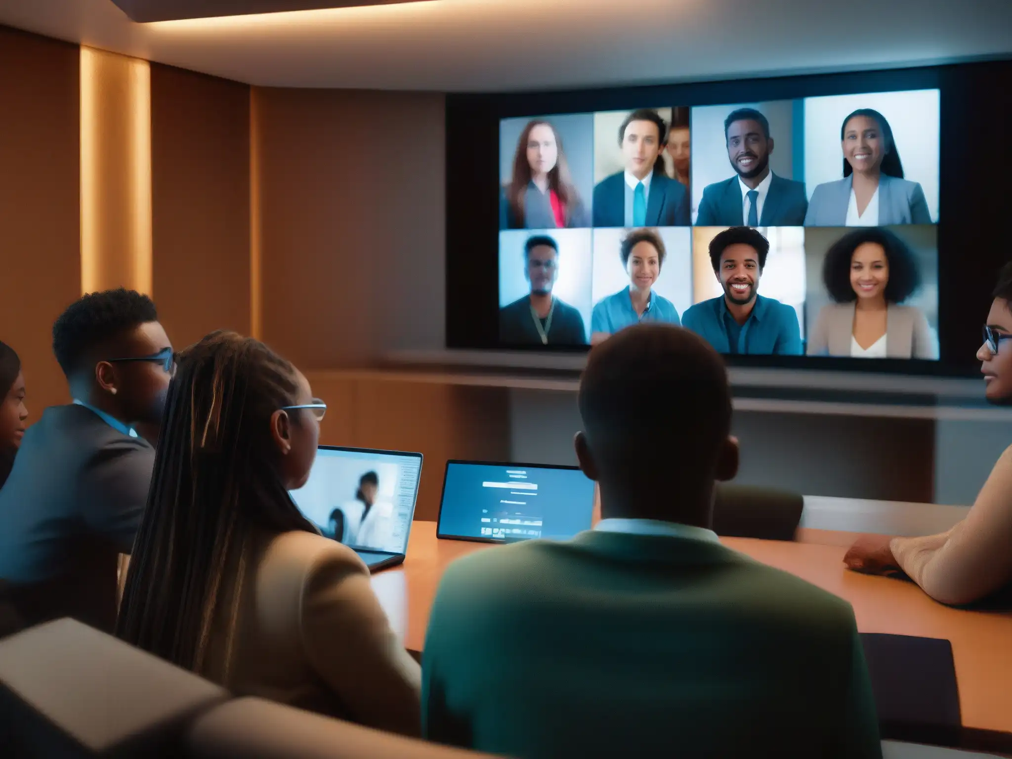 Concentración en videoconferencia: diversidad estudiantil Estudiantes concentrados en videoconferencia con moderno equipo