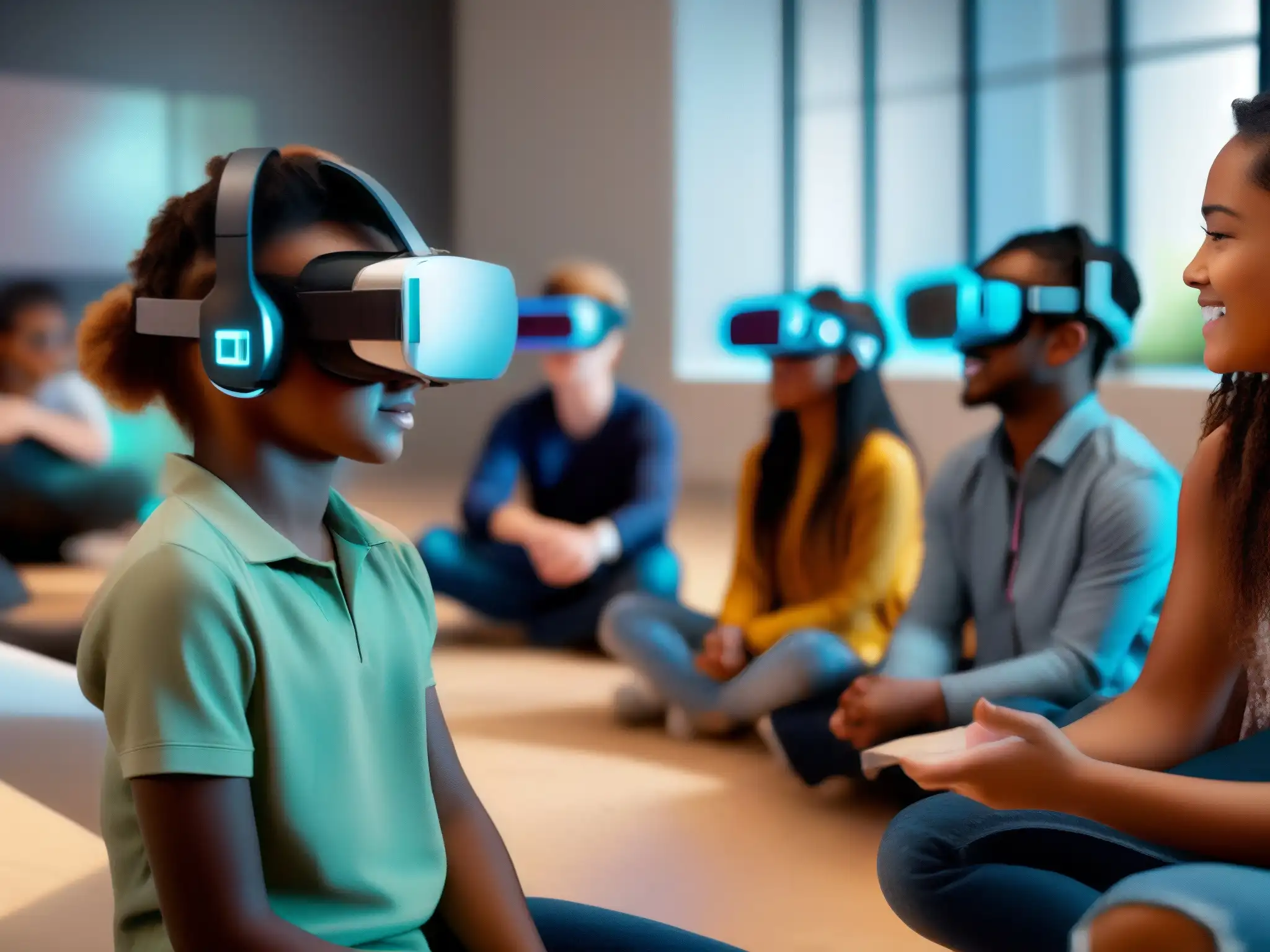 Exploración educativa en aula futurista con realidad virtual Estudiantes interactúan con contenido educativo holográfico en aula futurista