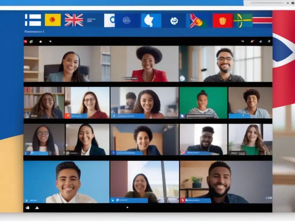 Conexión multicultural: estudiantes debatiendo en TeamViewer Blizz Estudiantes de diferentes culturas en videoconferencia educativa multilingüe con TeamViewer Blizz