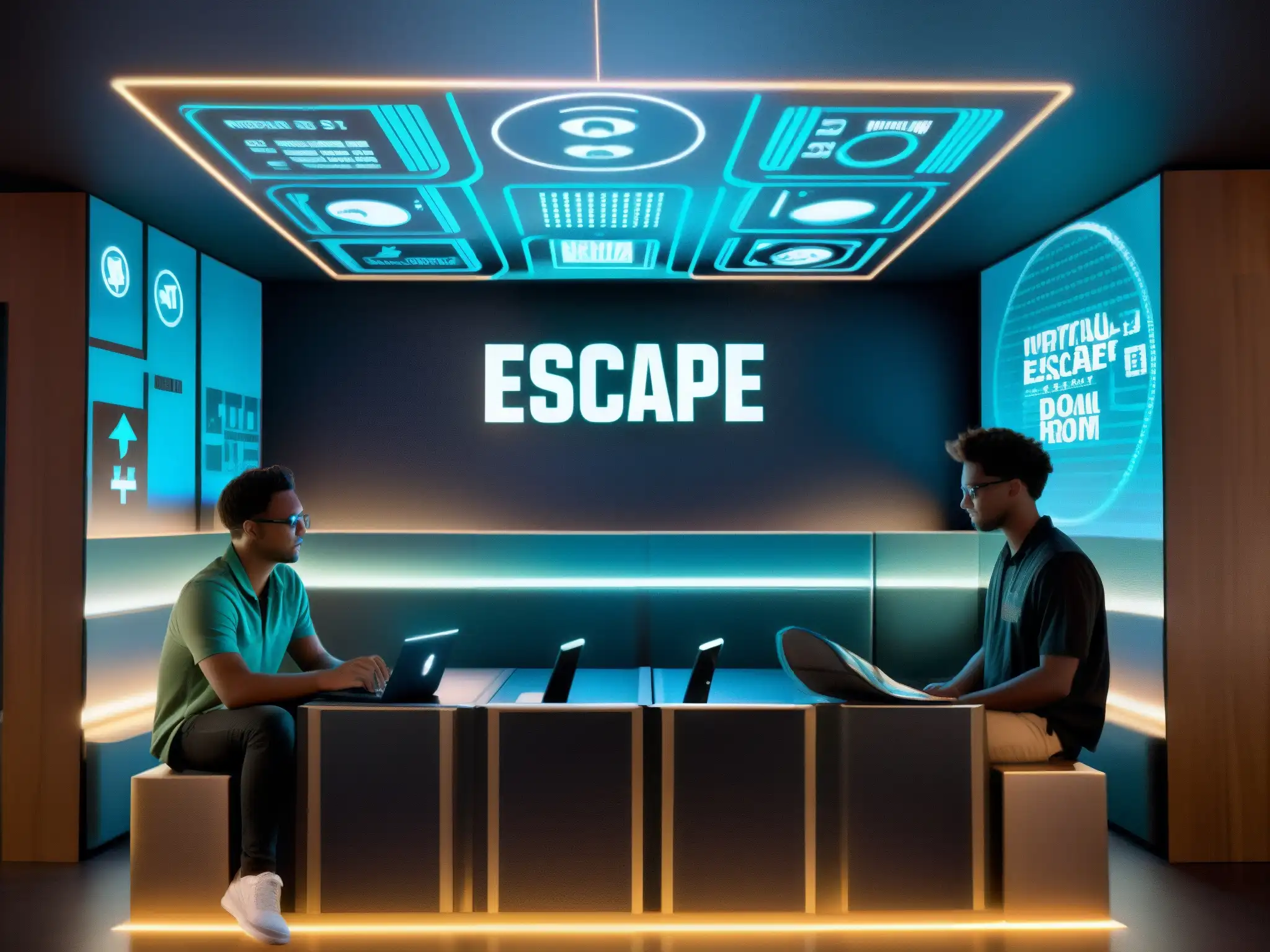 Estudiantes resolviendo desafíos en escape room virtual Estudiantes resolviendo desafíos en sala escape virtual, reflejando eficacia en educación a distancia