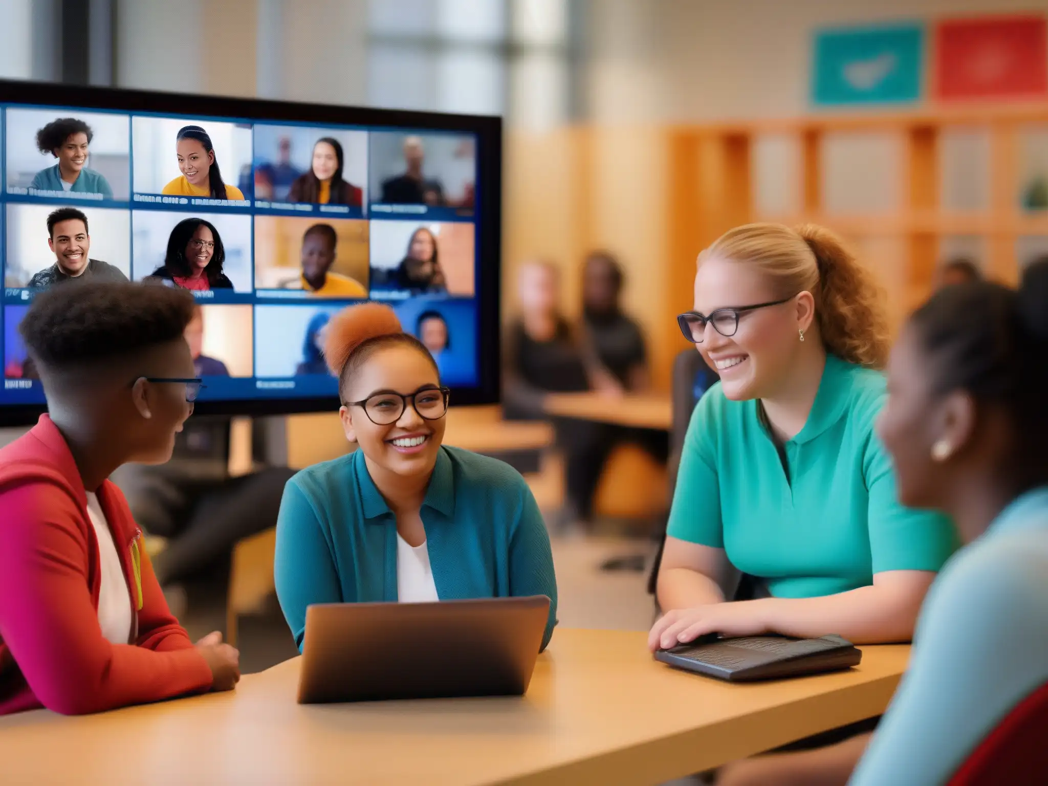 Videoconferencia inclusiva: estudiantes con discapacidades participan activamente Estudiantes con discapacidad participan en videoconferencia educativa con herramientas de accesibilidad
