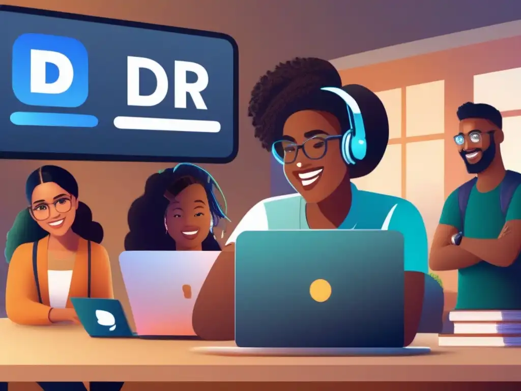 Estudiantes colaborando en Discord: aprendizaje moderno Estudiantes colaborando en Discord en educación colaborativa, con laptops y tablets, disfrutando de una animada discusión