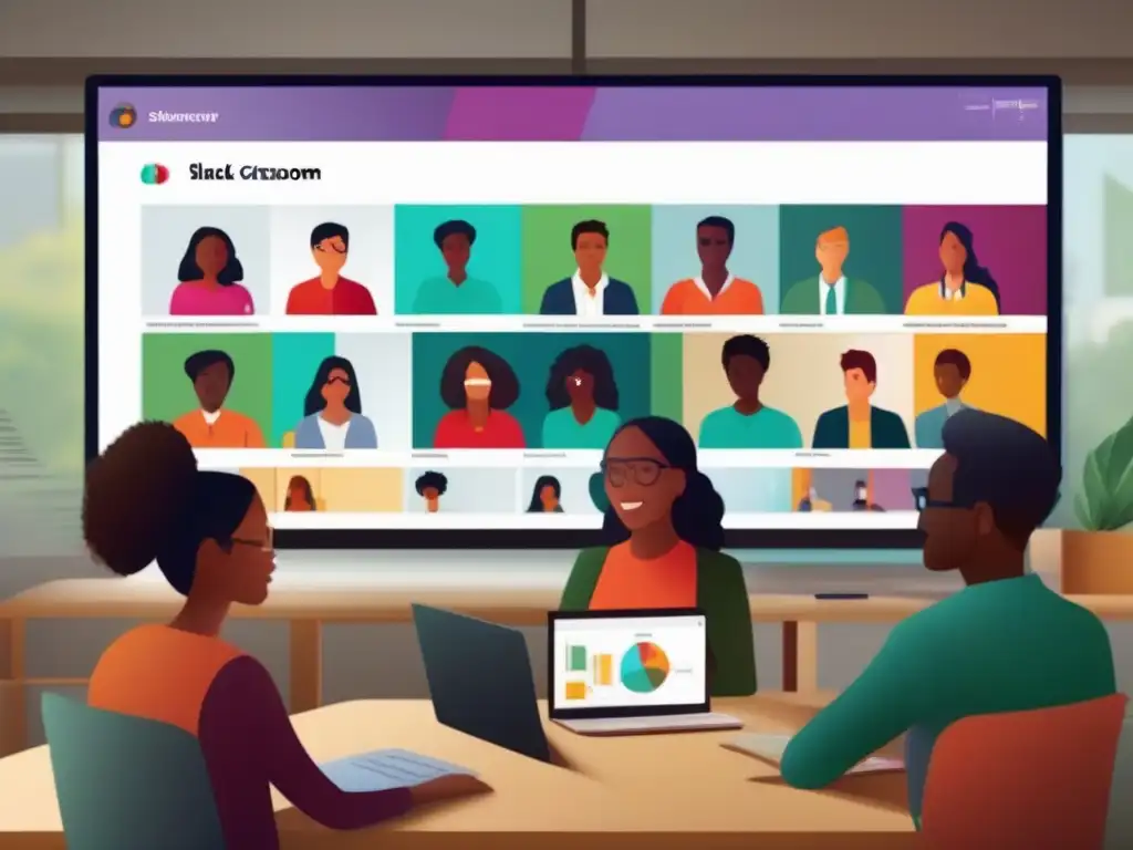 Estudiantes activos en aula virtual con Slack Estudiantes diversos participan activamente en una discusión en aula virtual, mostrando la integración de Slack