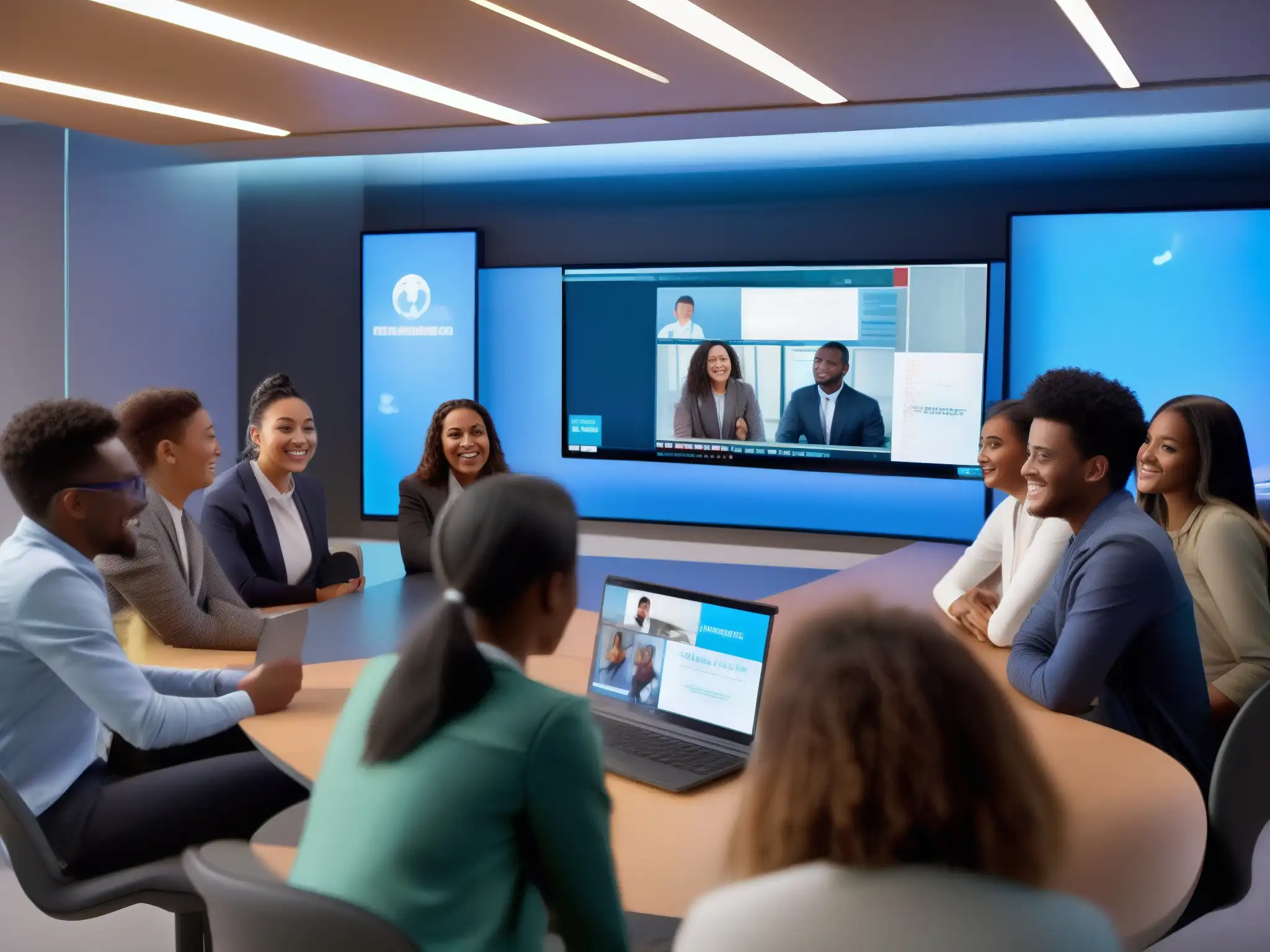 Videoconferencia educativa: colaboración y entusiasmo en aula virtual Estudiantes diversificados participan entusiastas en una videoconferencia educativa futurista