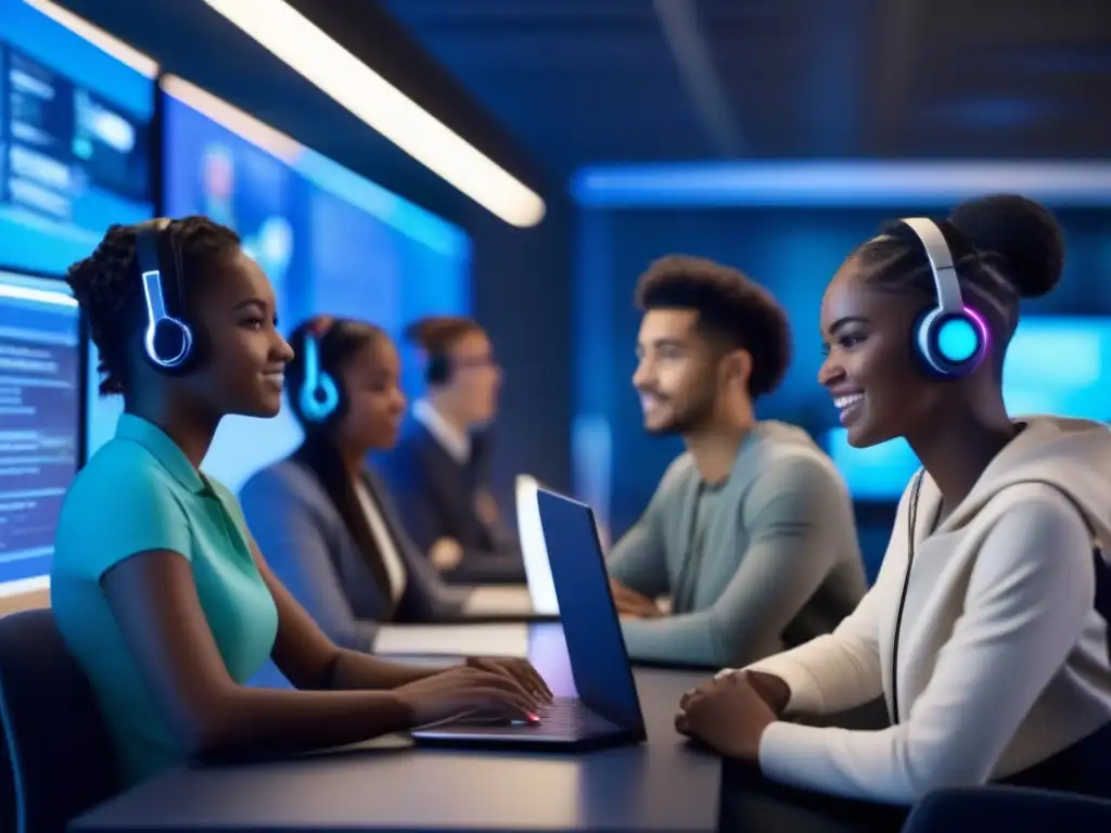 Estudiantes diversos en animada discusión en laboratorio informático futurista Estudiantes diversificados en laboratorio de informática, usando Discord en clase