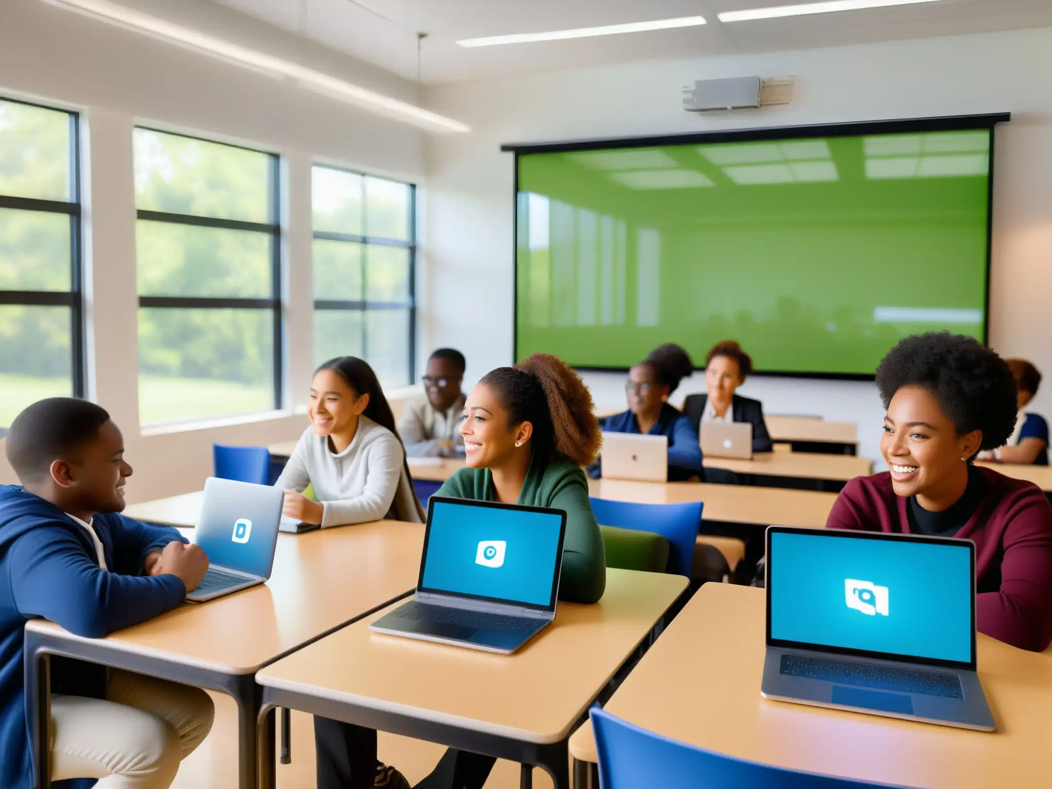 Aula diversa y conectada: aprendizaje inclusivo con tecnología Estudiantes diversos en aula luminosa, usando dispositivos en videoconferencia educativa, creando una experiencia dinámica
