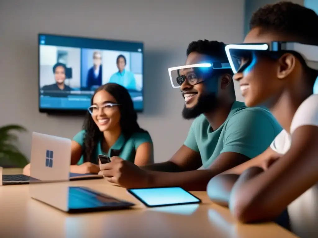 Estudiantes interactúan con realidad aumentada en aula virtual Estudiantes diversos en aulas virtuales con realidad aumentada en videoconferencias educativas