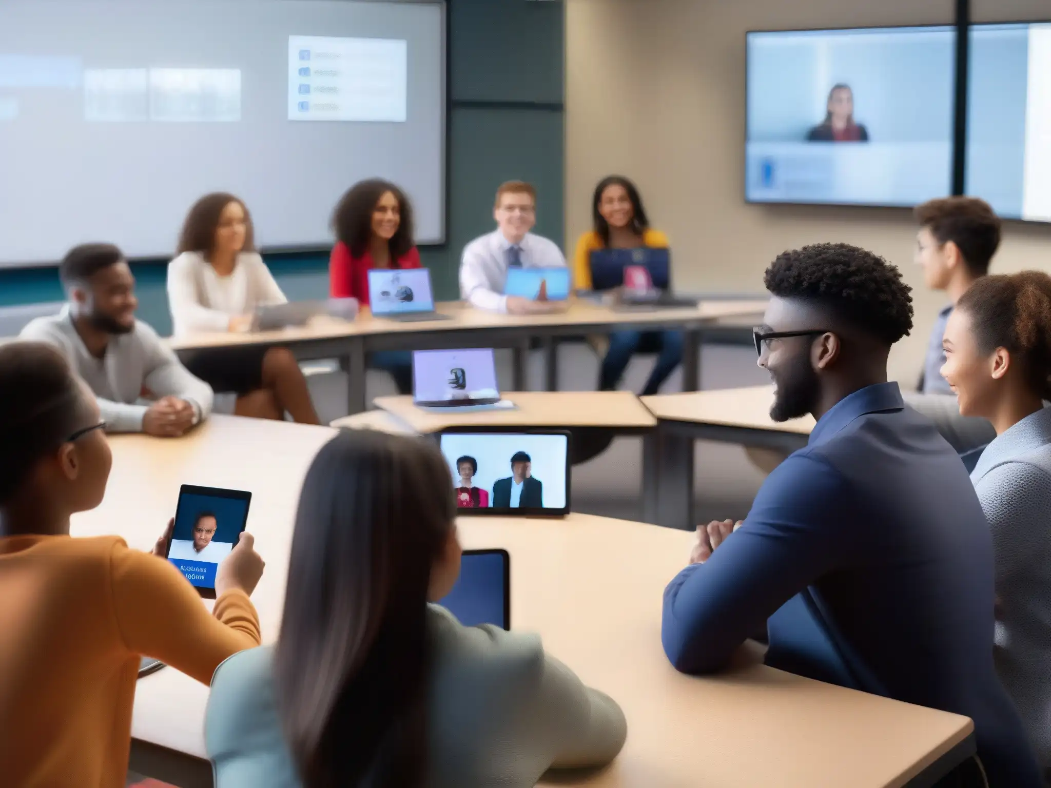 Videoconferencia educativa: estudiantes diversos conectados Estudiantes diversos en videoconferencia educativa, usando dispositivos variados en un aula moderna