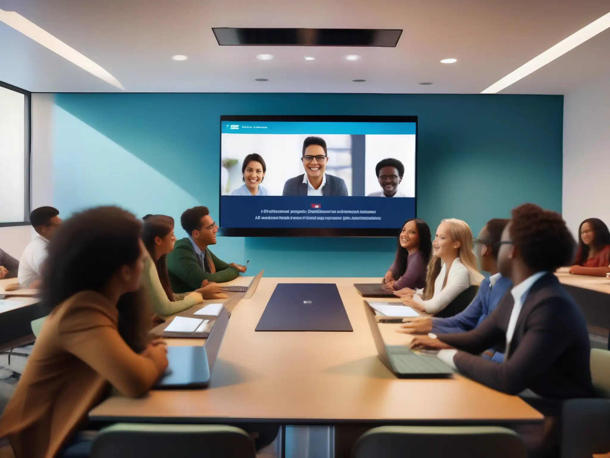Estudiantes diversos en videoconferencia con tecnología de traducción en tiempo real, rompiendo barreras lingüísticas en un aula moderna