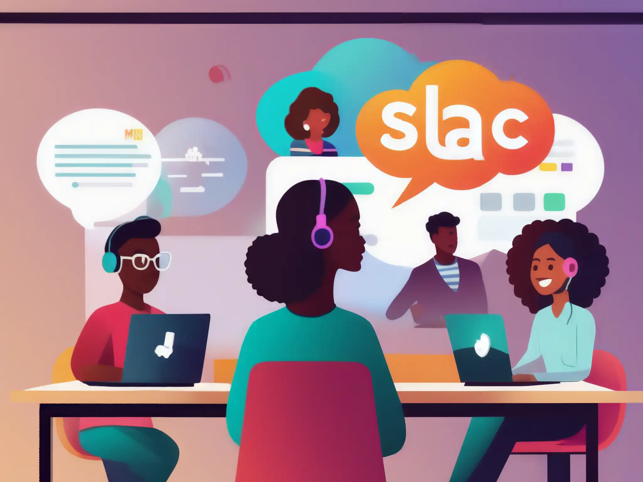 Clase virtual futurista con estudiantes activos en Slack Estudiantes divers@s participan en una animada discusión en el aula virtual, con integración de Slack y tecnología moderna