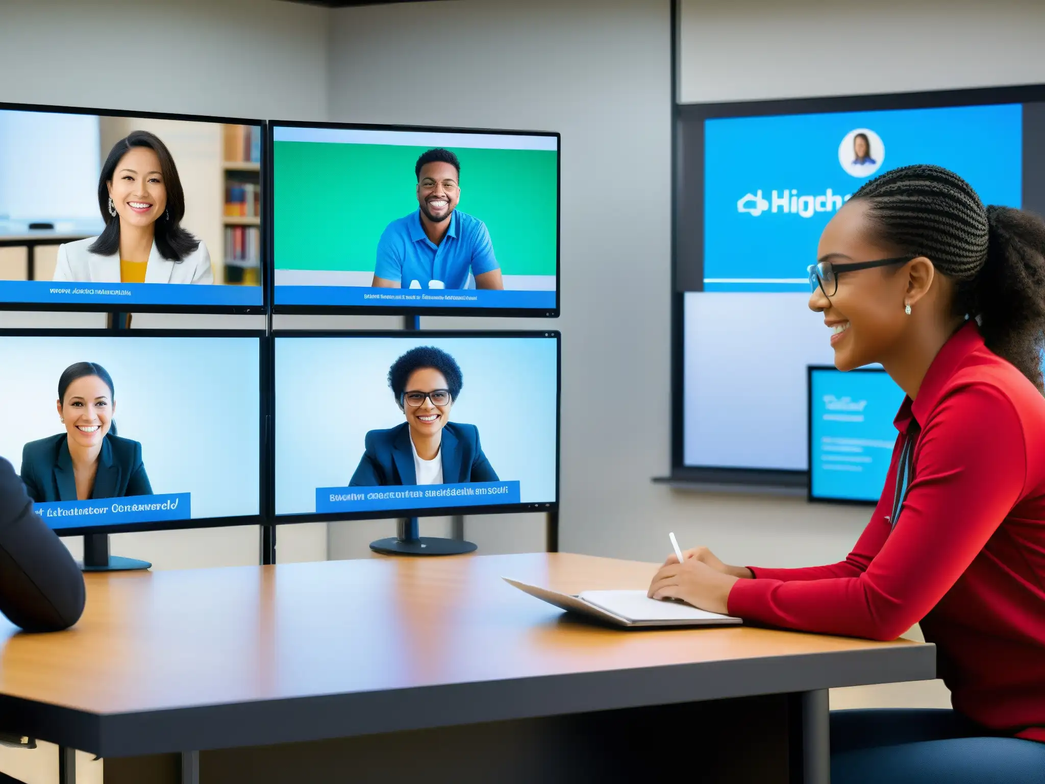 Videoconferencia educativa: Colaboración dinámica en aulas virtuales Estudiantes y docentes en videoconferencia segura en aula virtual futurista